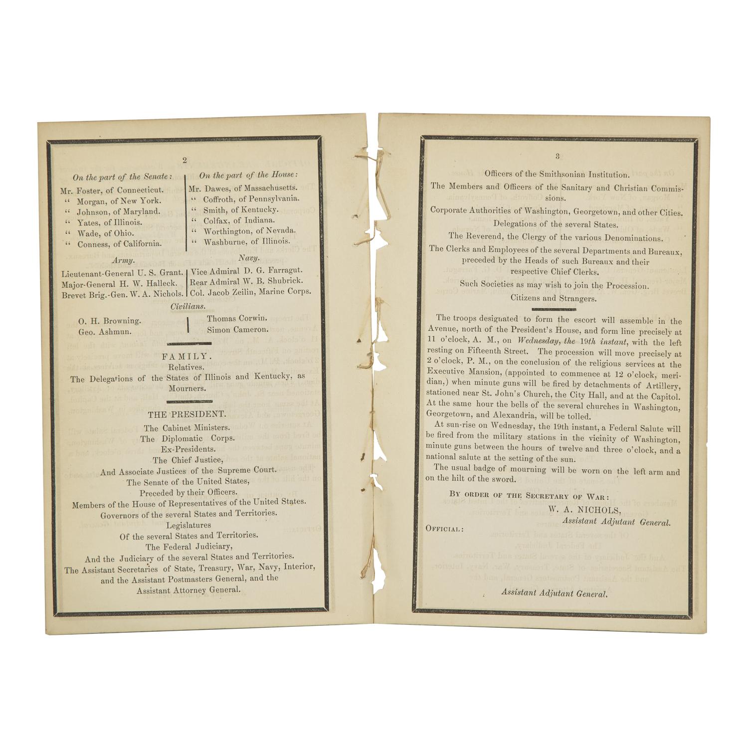 [Lincoln, Abraham] Abraham Lincoln Funeral Program with Order of Procession for Washington, D.C., April 17, 1865