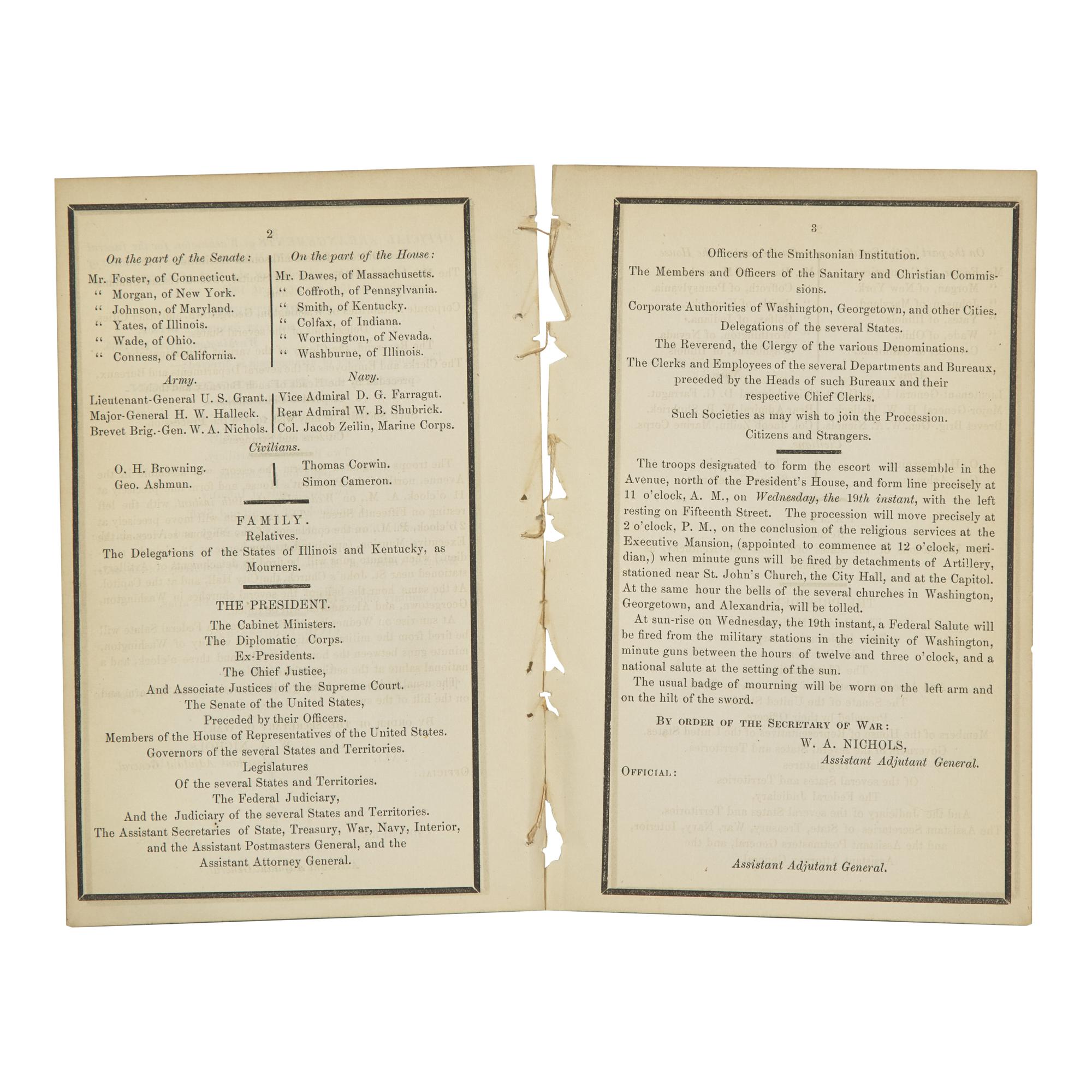 [Lincoln, Abraham] Abraham Lincoln Funeral Program with Order of Procession for Washington, D.C., April 17, 1865
