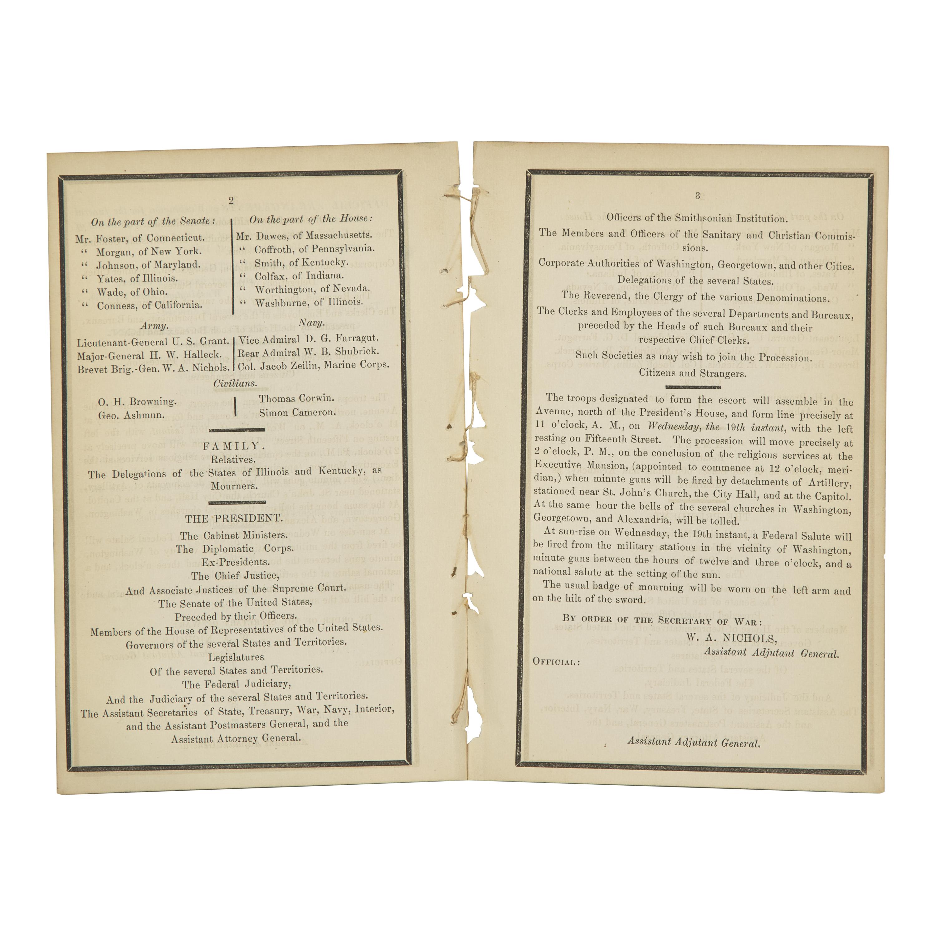 [Lincoln, Abraham] Abraham Lincoln Funeral Program with Order of Procession for Washington, D.C., April 17, 1865