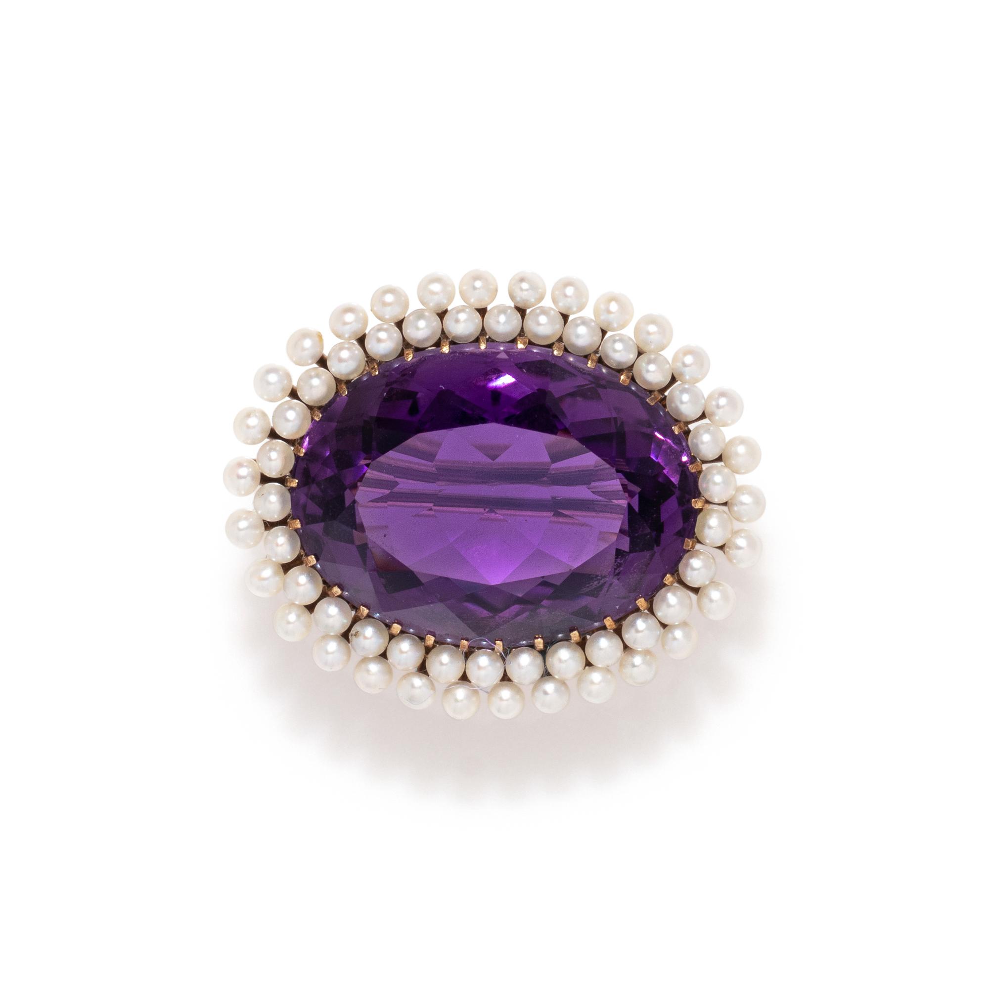 ANTIQUE, AMETHYST AND PEARL BROOCH