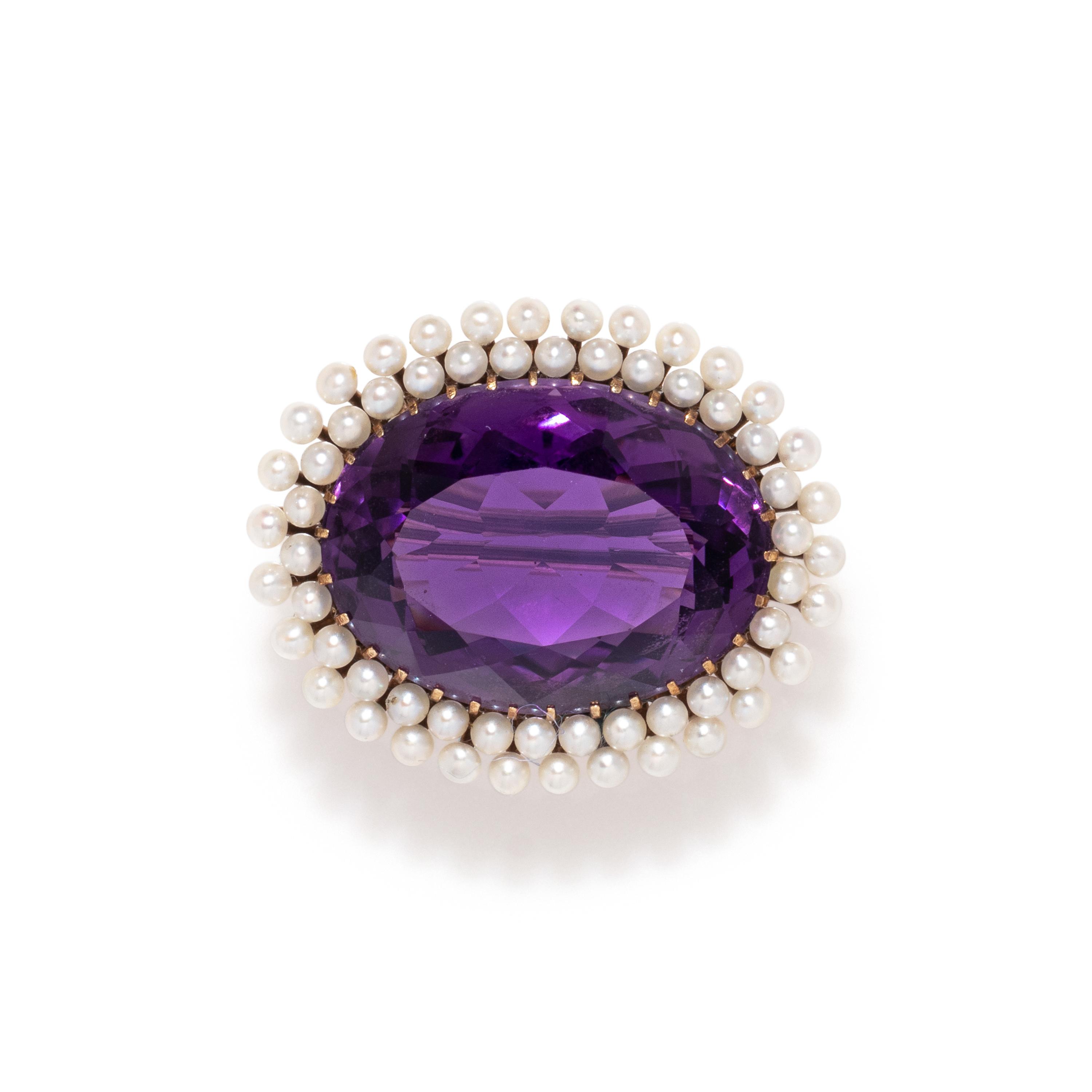 ANTIQUE, AMETHYST AND PEARL BROOCH