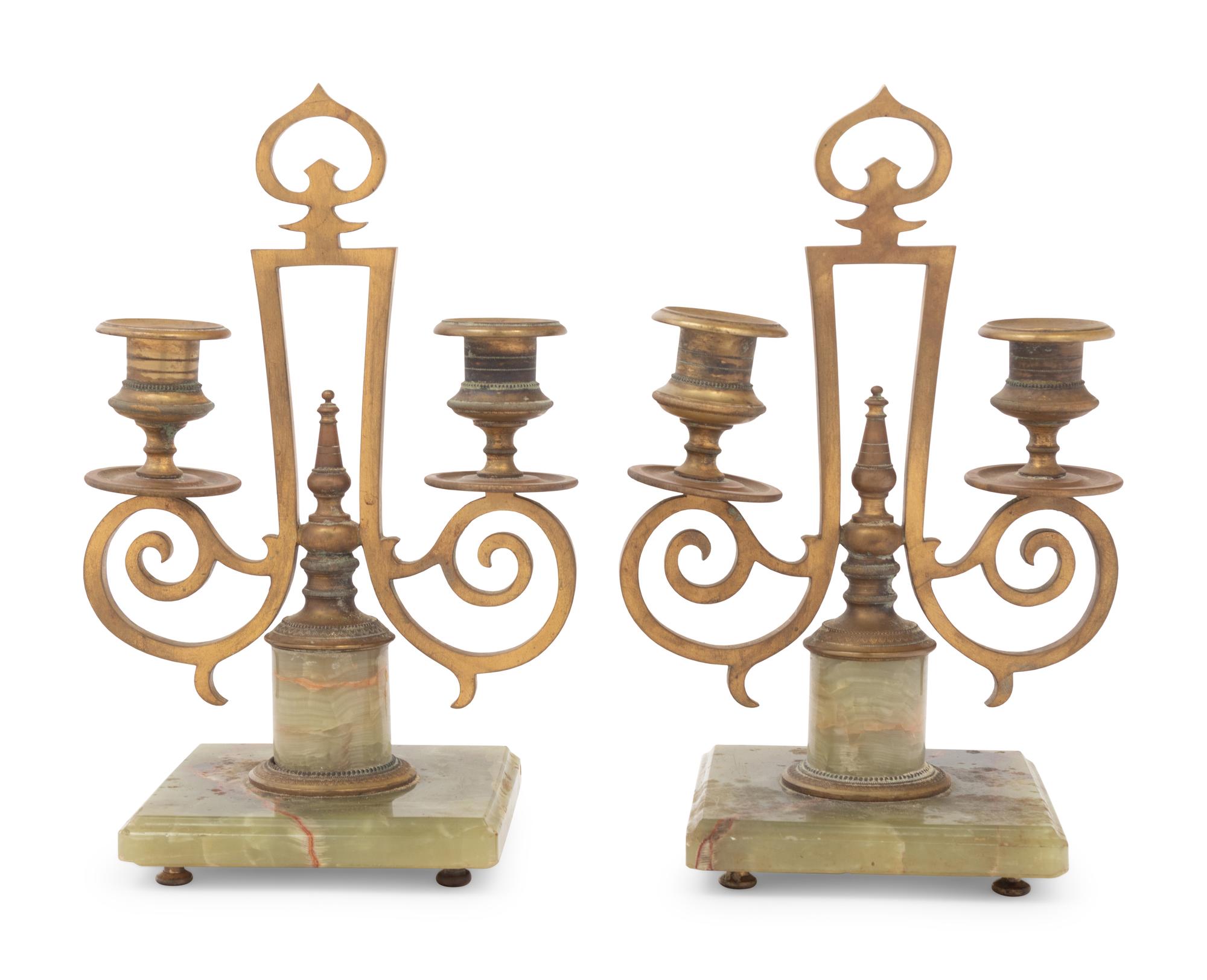 A Pair of Russian Gilt Bronze and Onyx Two-Light Candlesticks