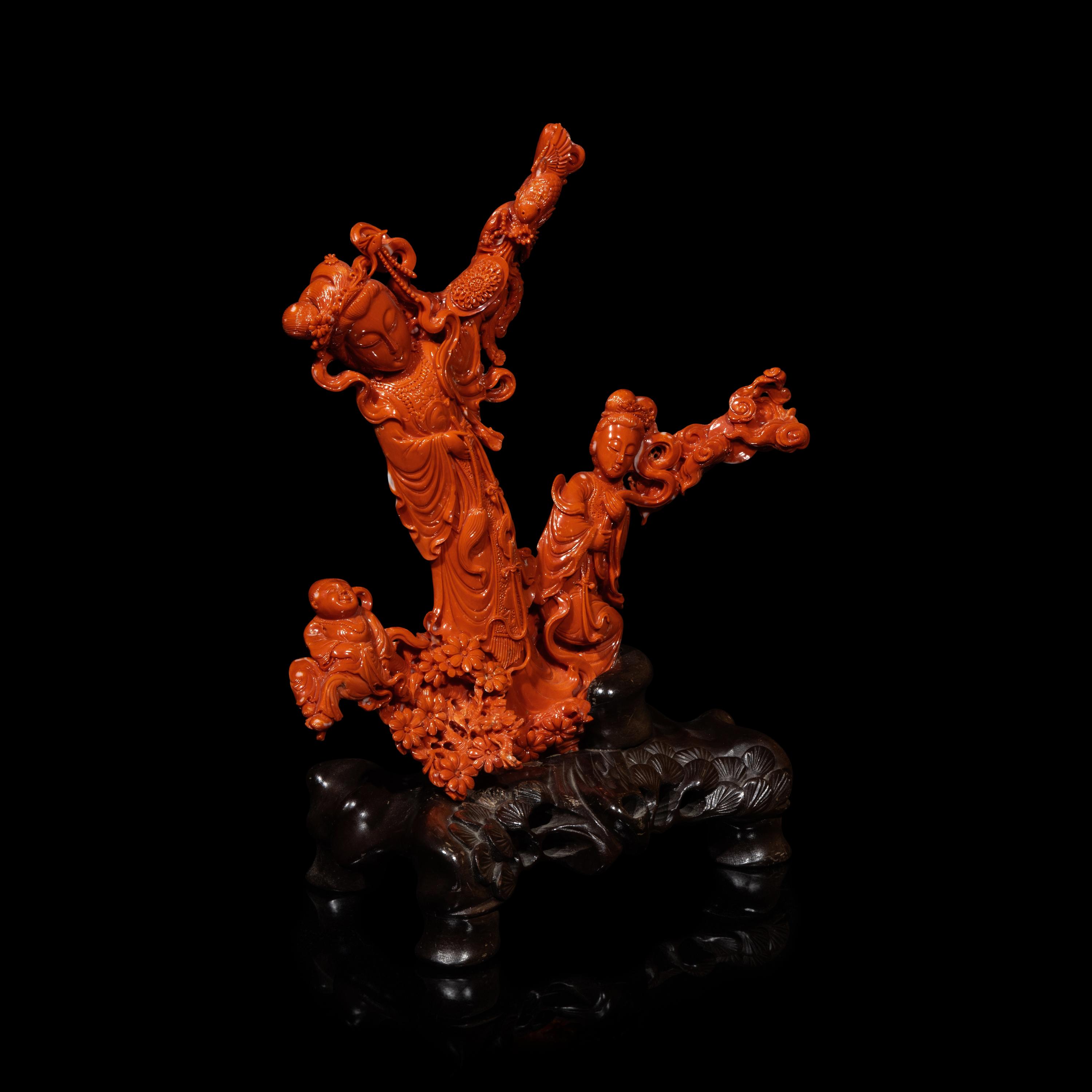 A Large Chinese Red Coral Carving, 20th Century 近代 紅珊瑚雕天女散花連木座