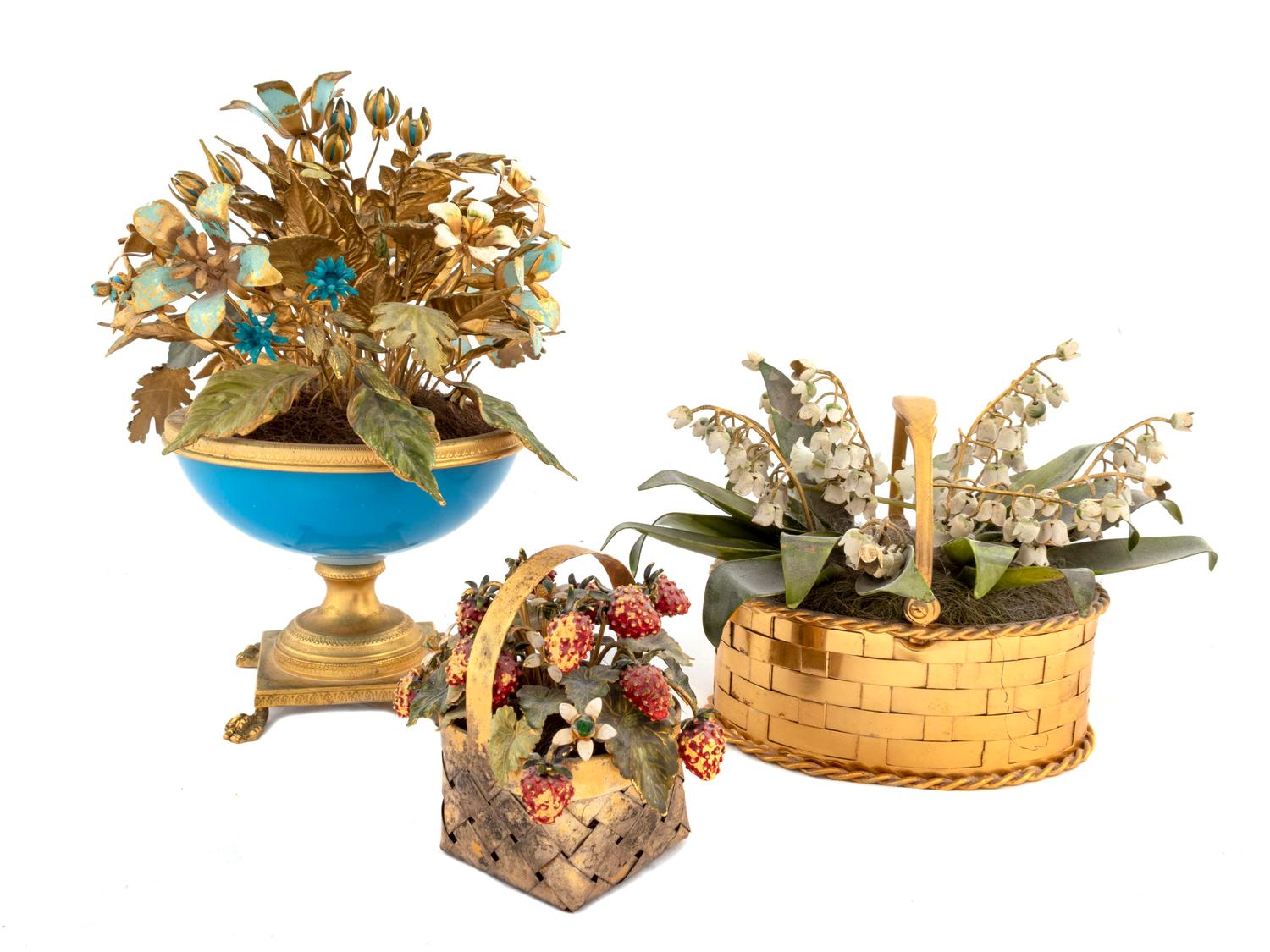 A Group of Three French Tole Peint, Gilt Metal and Silver Floral Baskets — EARLY 20TH CENTURY