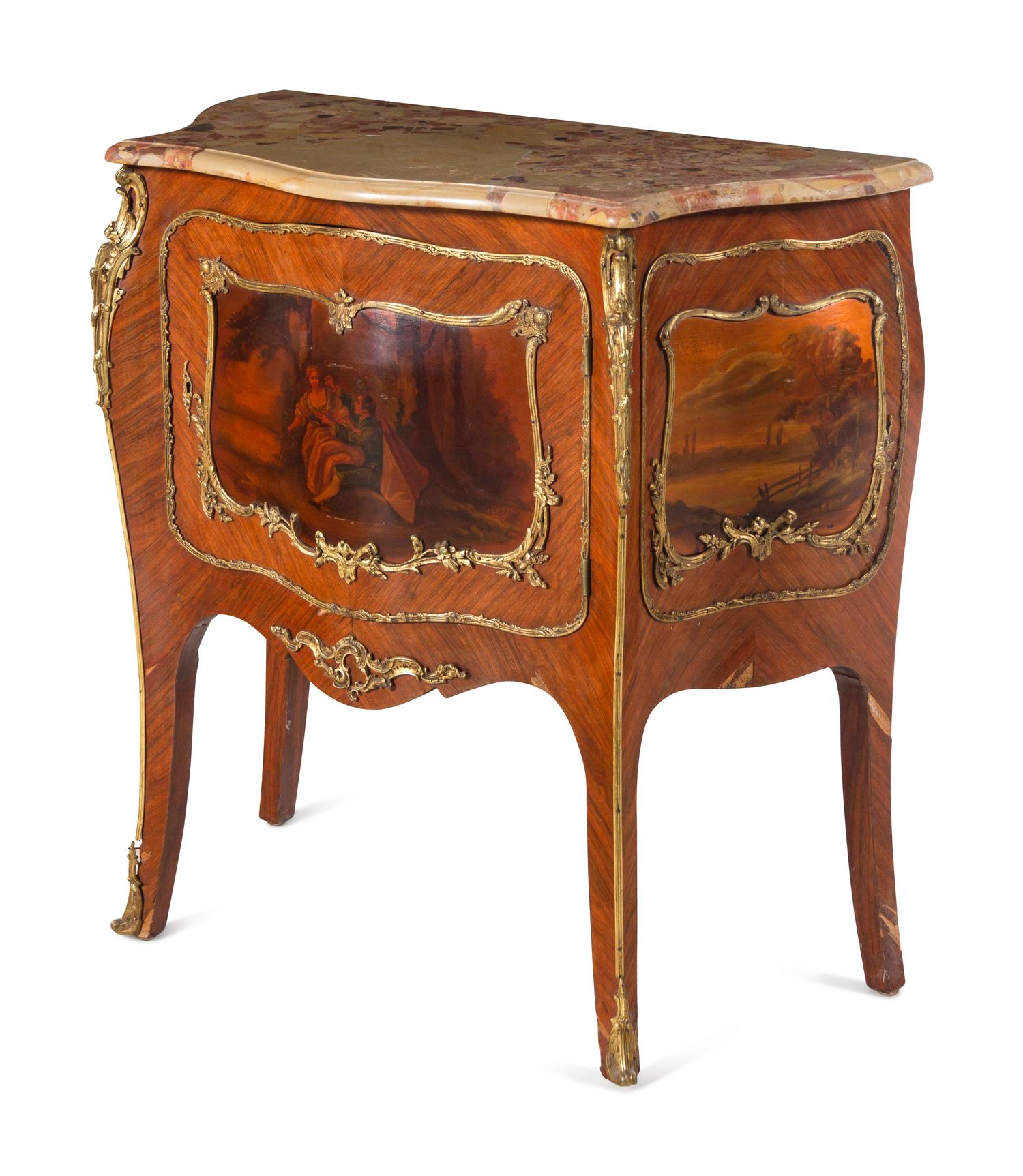 A Louis XV Style Gilt Bronze Mounted Kingwood and Vernis Martin Marble-Top Commode