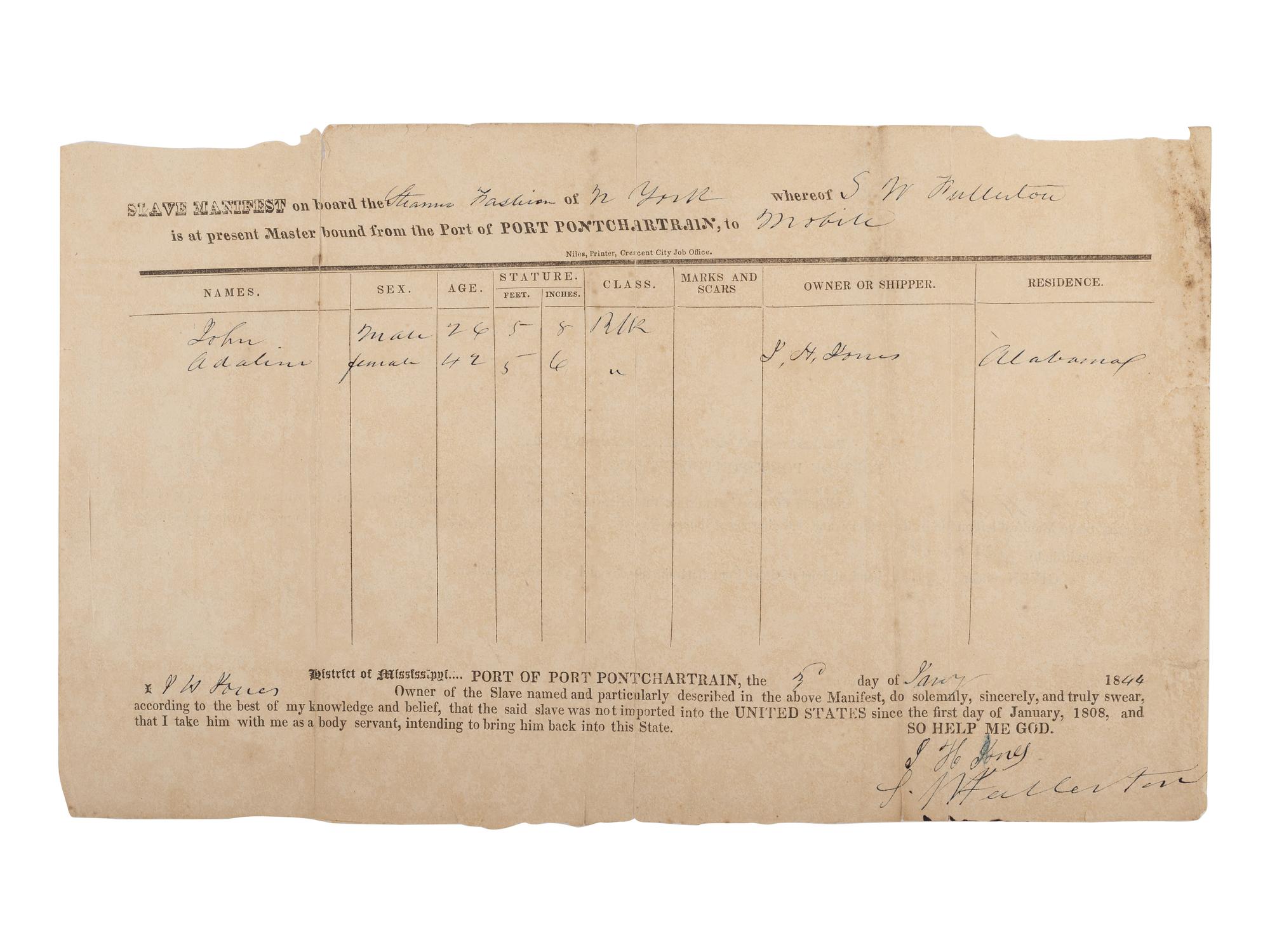 [ENSLAVEMENT]. Ship's manifest documenting the conveyance of two enslaved persons, January 1844.
