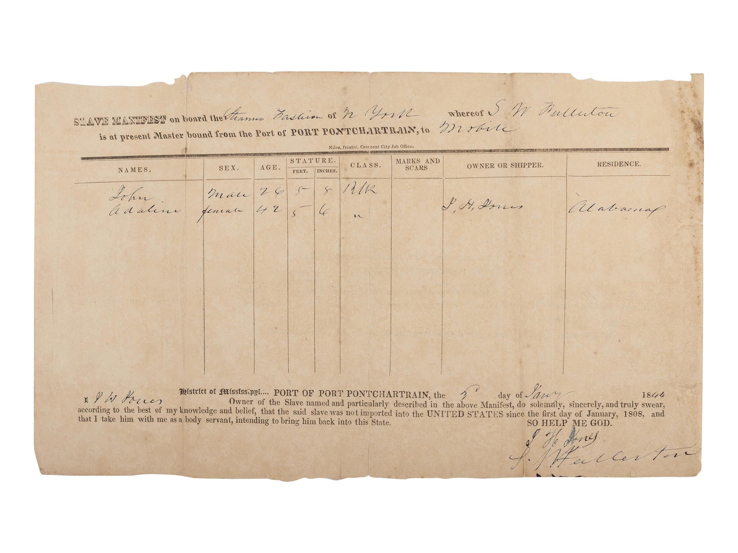 [ENSLAVEMENT]. Ship's manifest documenting the conveyance of two enslaved persons, January 1844.