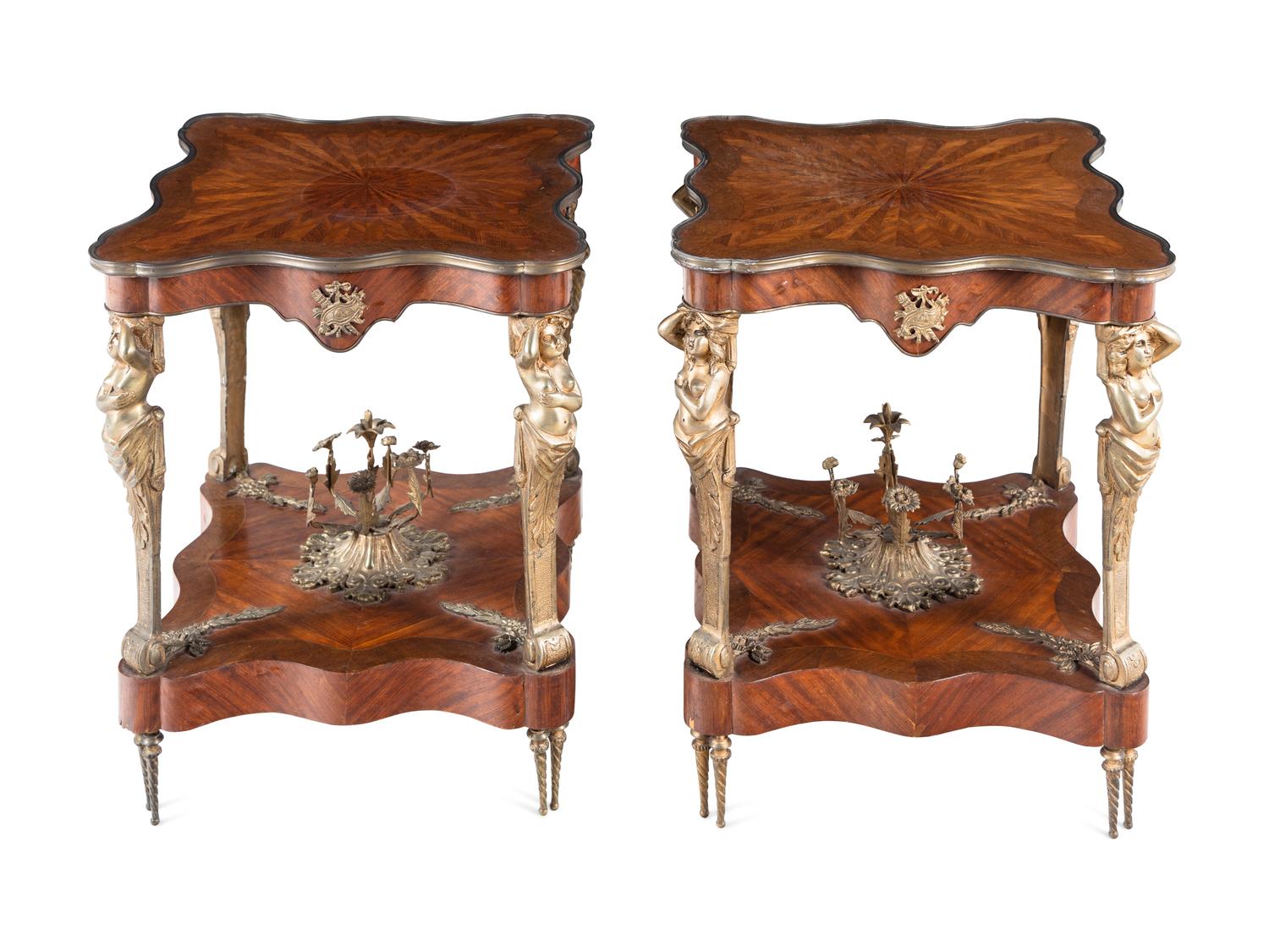 A Pair of Louis XVI Style Gilt Bronze Mounted Tulipwood Side Tables