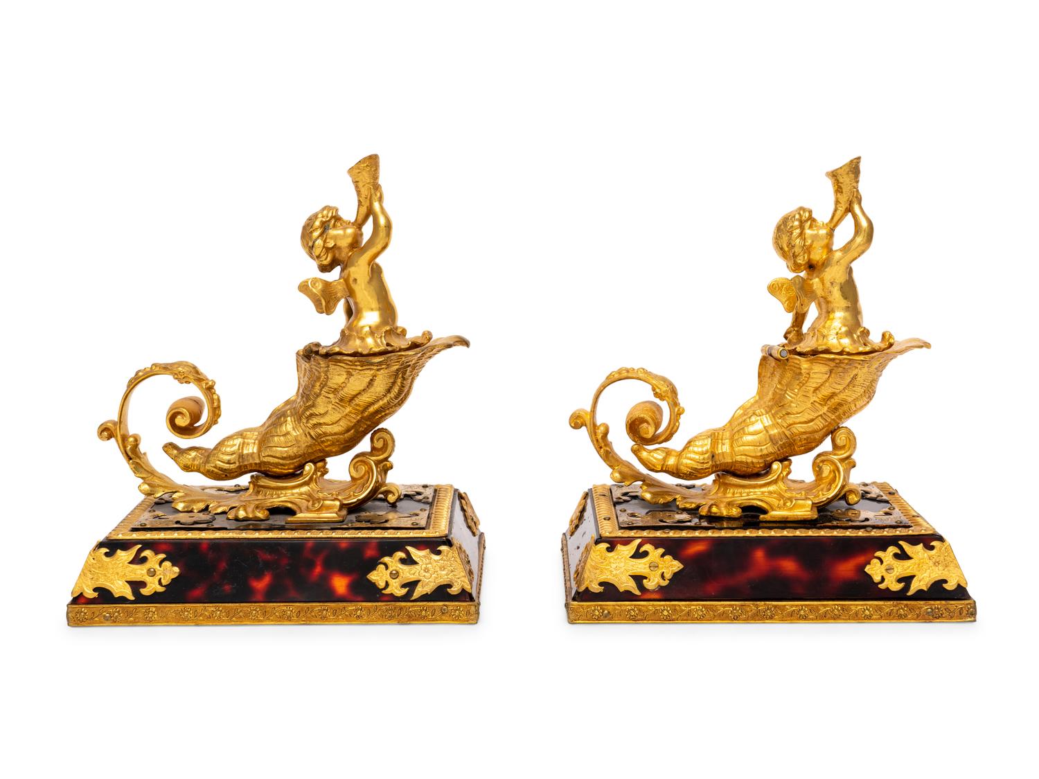 A Pair of French Gilt Bronze and Faux Tortoiseshell Ornaments