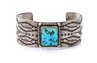 A Navajo Silver and Turquoise Cuff Bracelet Length 6 3/4 x opening 1 1/2 x width 1 inches.
