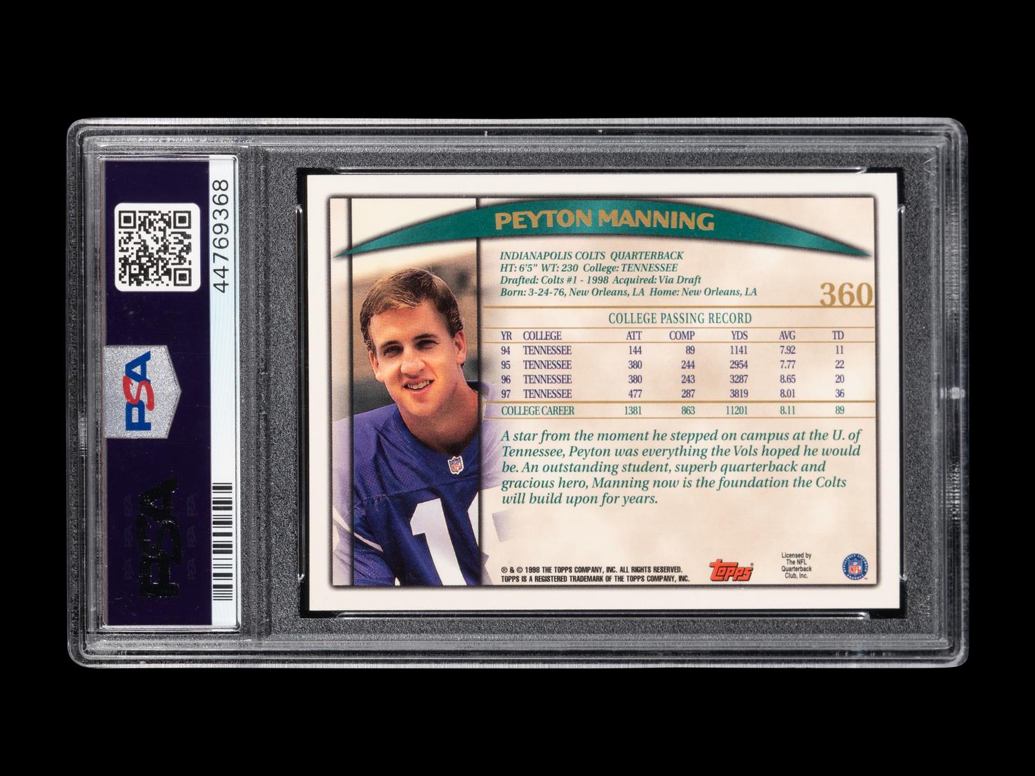 A 1998 Topps Peyton Manning Rookie Football Card No. 360 (PSA 9 MINT)