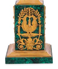 A Pair of Empire Style Gilt Bronze and Malachite Veneered Three-Light Candelabra