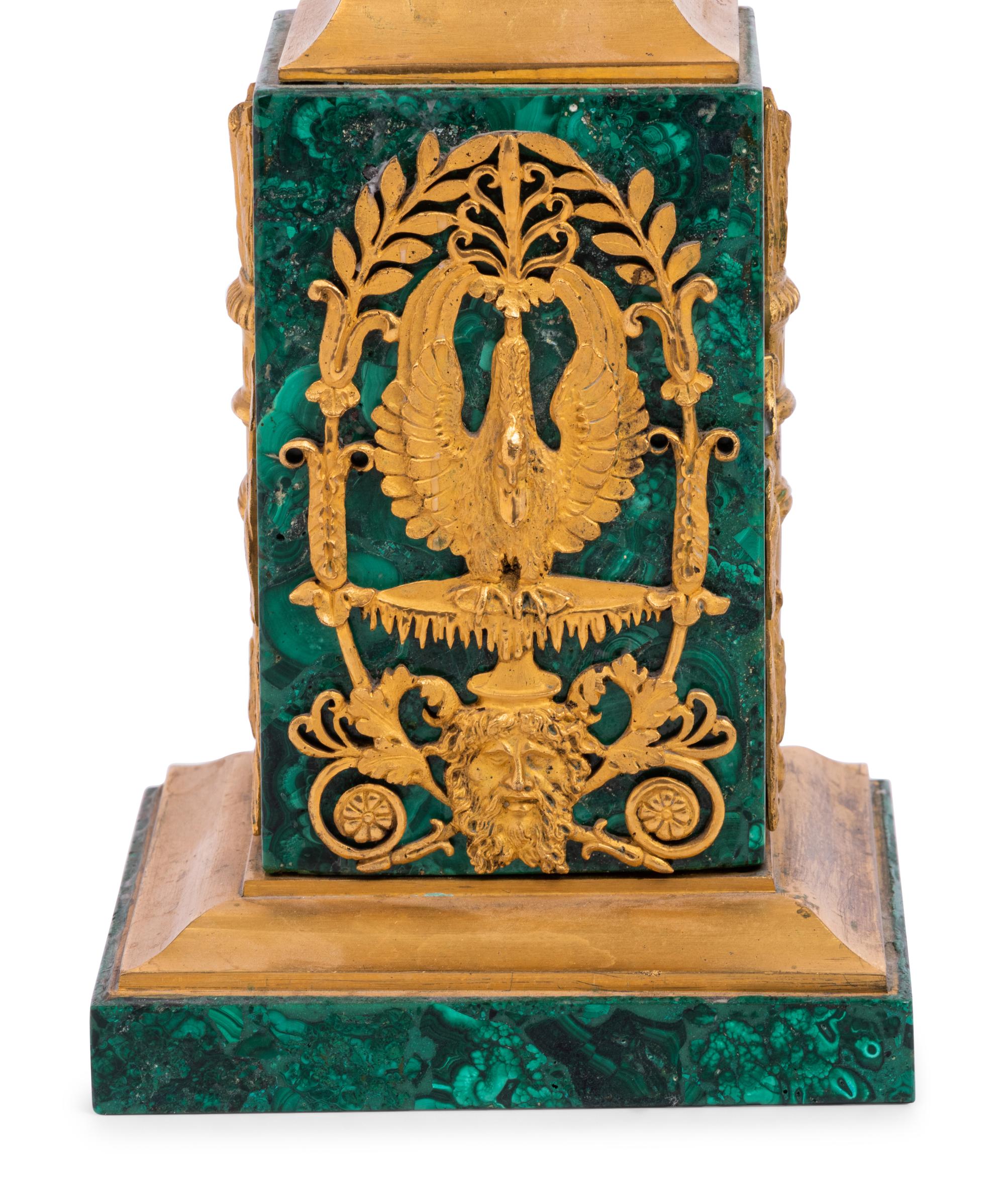 A Pair of Empire Style Gilt Bronze and Malachite Veneered Three-Light Candelabra