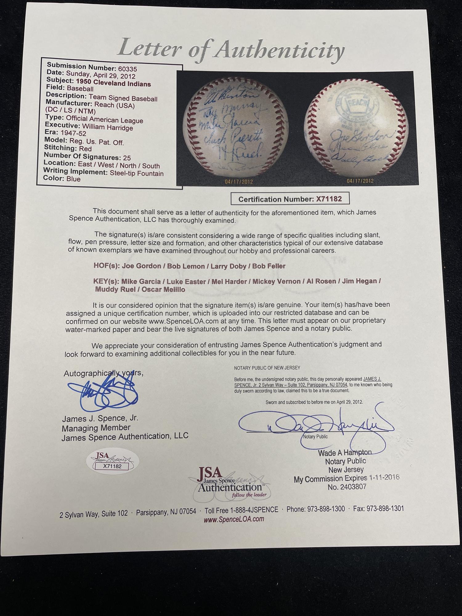 A 1950 Cleveland Indians Team Signed Autograph Baseball (JSA Letter of Authenticity),