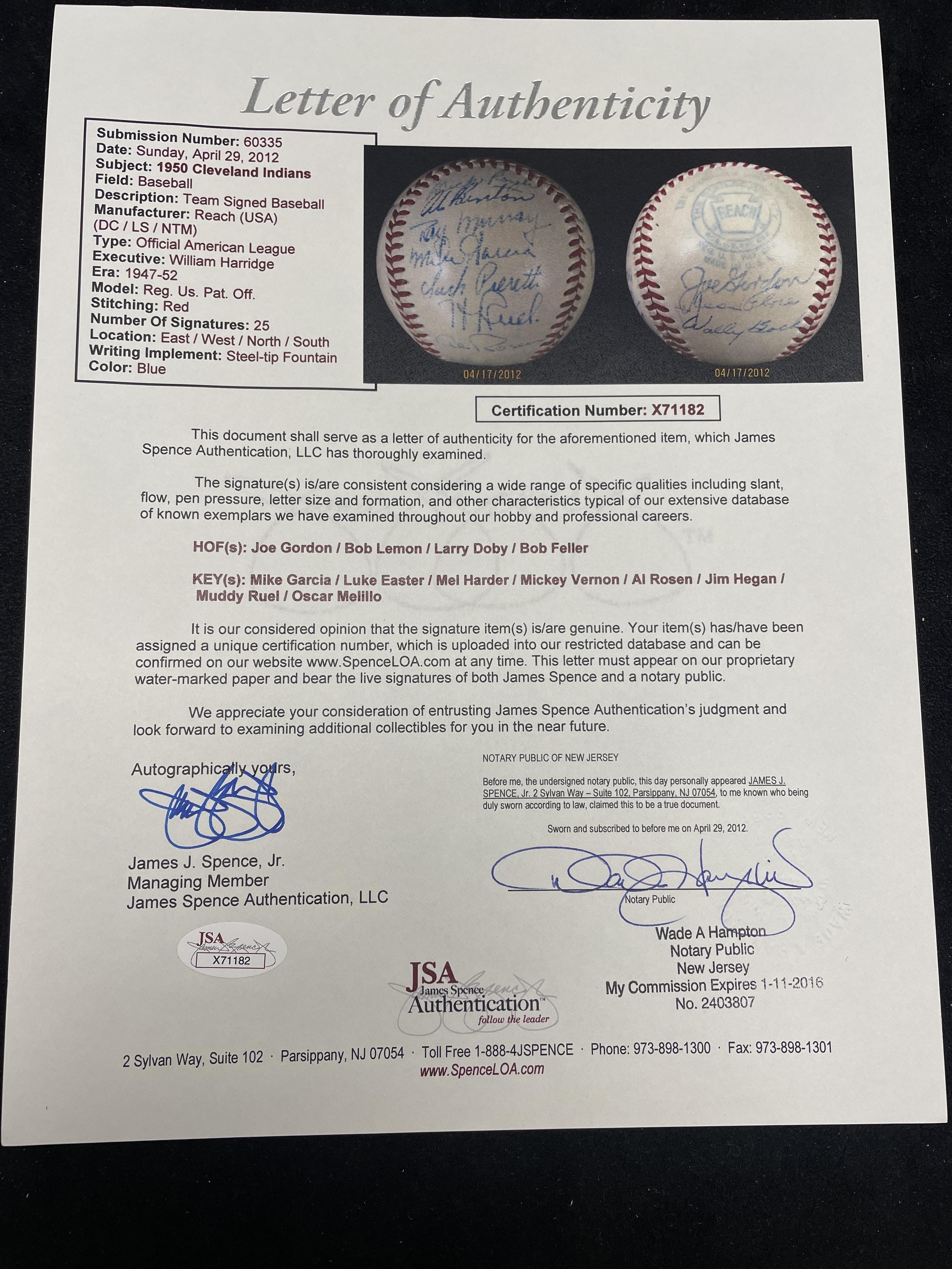 A 1950 Cleveland Indians Team Signed Autograph Baseball (JSA Letter of Authenticity),