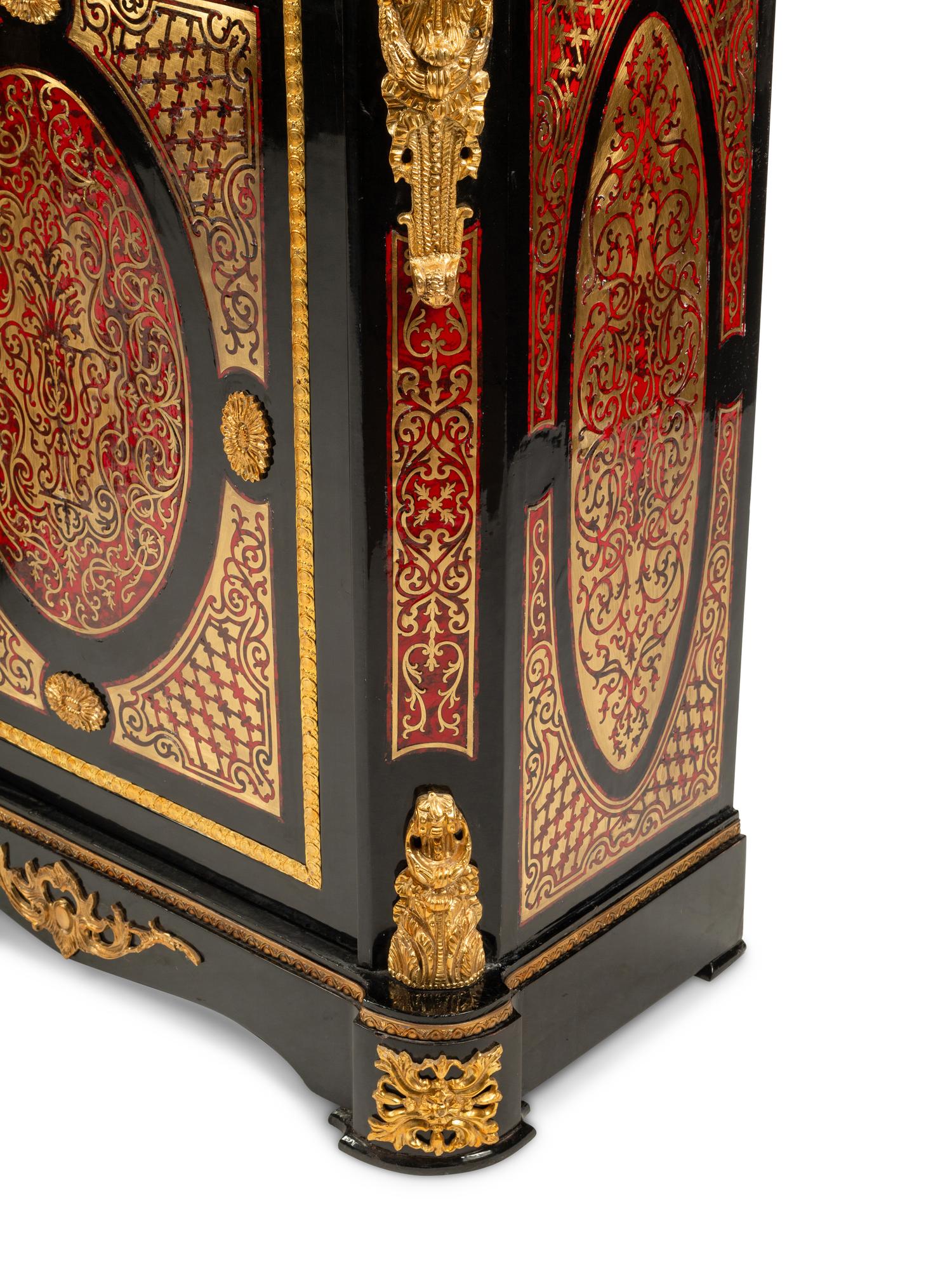 A Pair of Napoleon III Style Gilt Bronze Mounted Boulle Marquetry Marble-Top Cabinets