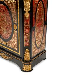 A Pair of Napoleon III Style Gilt Bronze Mounted Boulle Marquetry Marble-Top Cabinets
