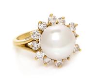 An 18 Karat Yellow Gold, Cultured South Sea Pearl and Diamond Ring, 5.15 dwts.