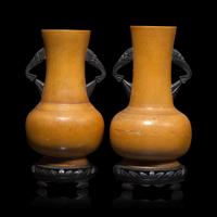 A Pair of Painted Chinese Bamboo Vases, 20th Century 近代 墨彩繪竹雙耳瓶一對