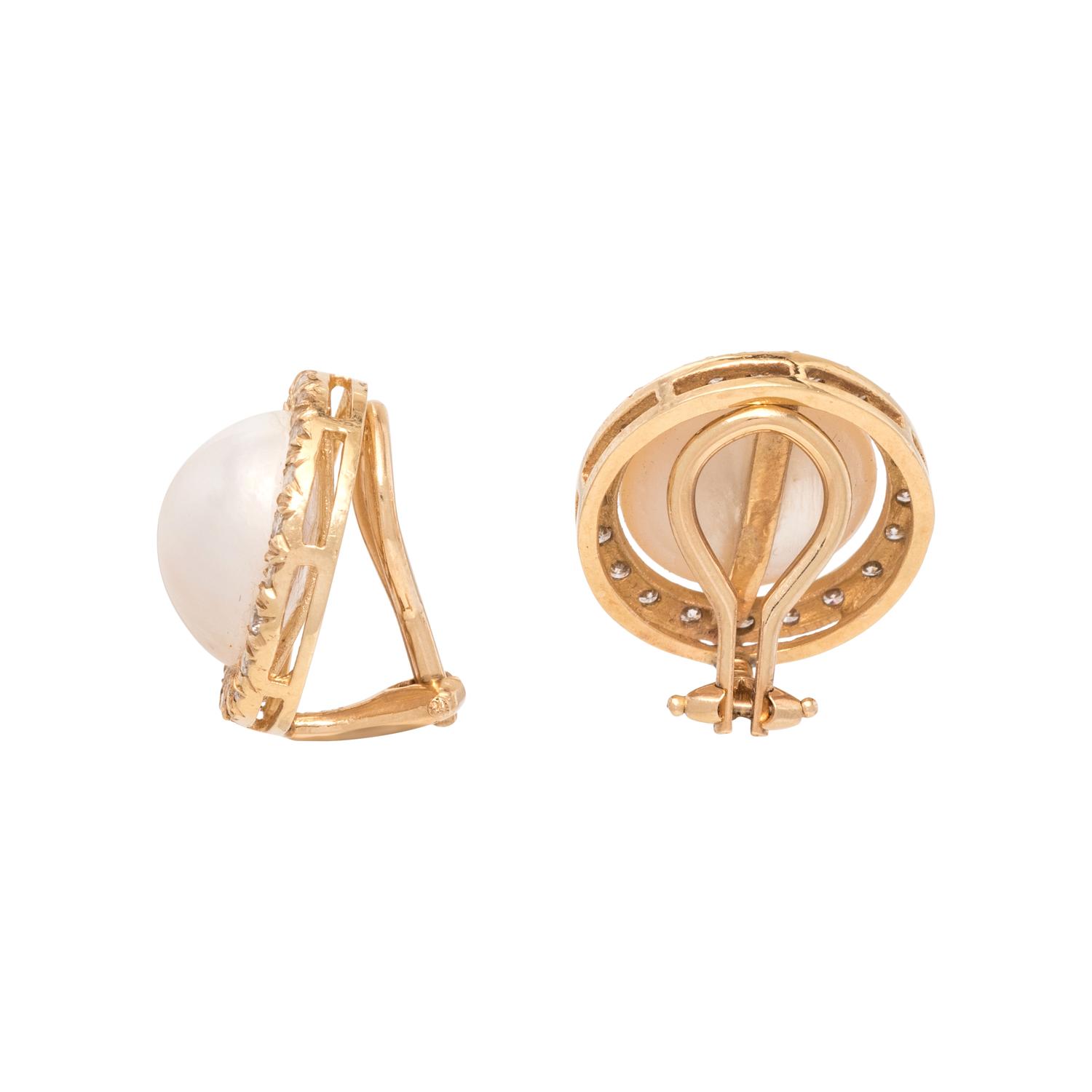 CULTURED MABE PEARL AND DIAMOND EARCLIPS