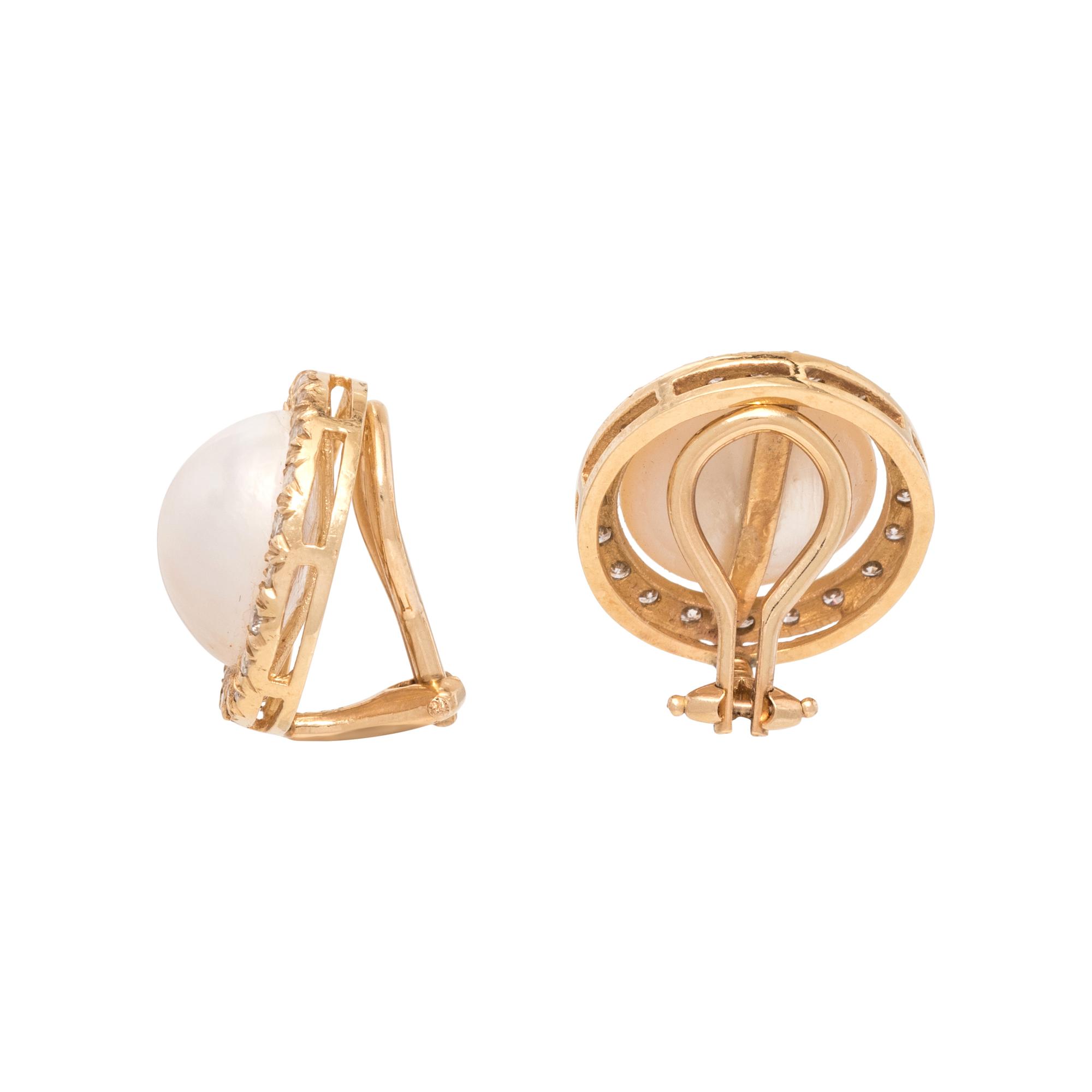 CULTURED MABE PEARL AND DIAMOND EARCLIPS