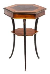 A North European Brass-Mounted Mahogany Ebonized and Burr Birch Gueridon Height 28 1/2 x width 18 inches. — 19TH CENTURY