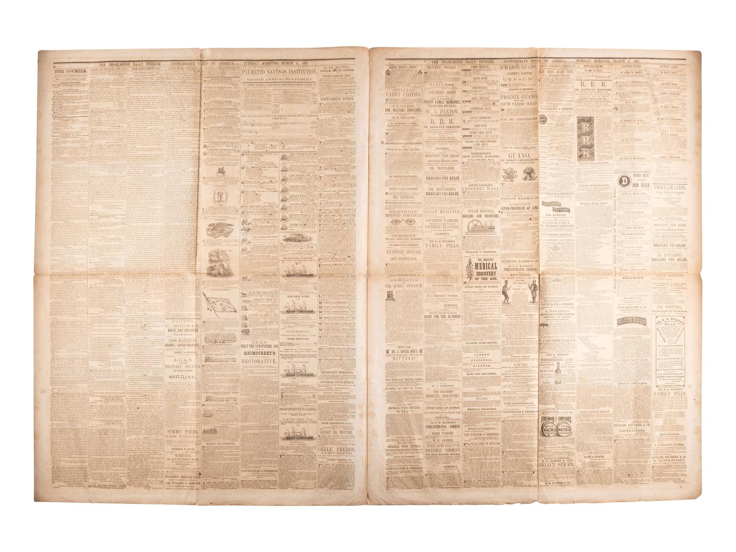 [CIVIL WAR]. Two complete large format issues of the Charleston Daily Courier featuring front-page Confederate reports of the inaugurations of Abraham Lincoln and Jefferson Davis.