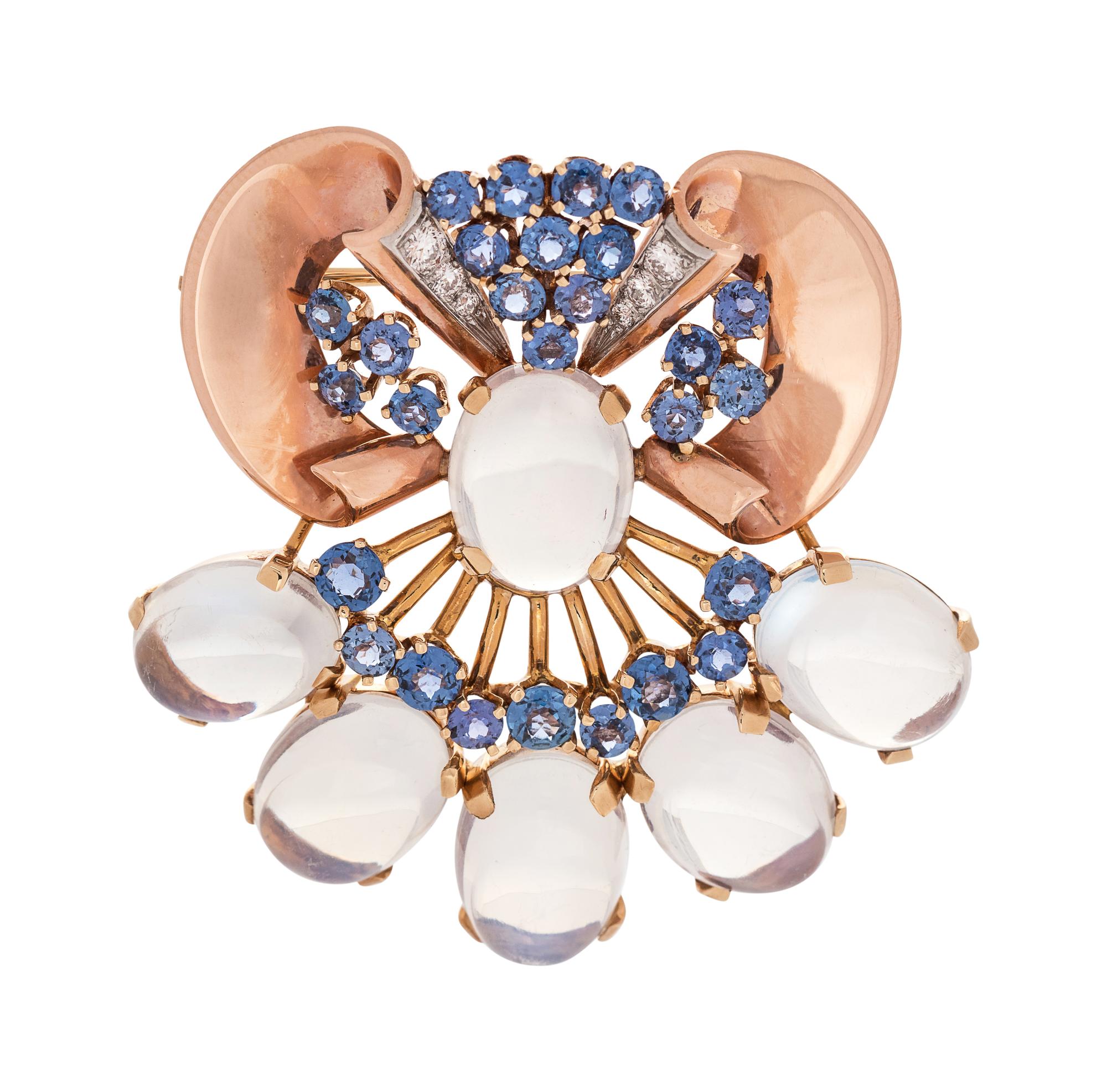 A Retro 14 Karat Rose Gold, Moonstone, Sapphire and Diamond Brooch, Tiffany & Co.,