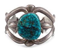 Navajo Sandcast Silver and Morenci Turquoise Cuff Bracelet