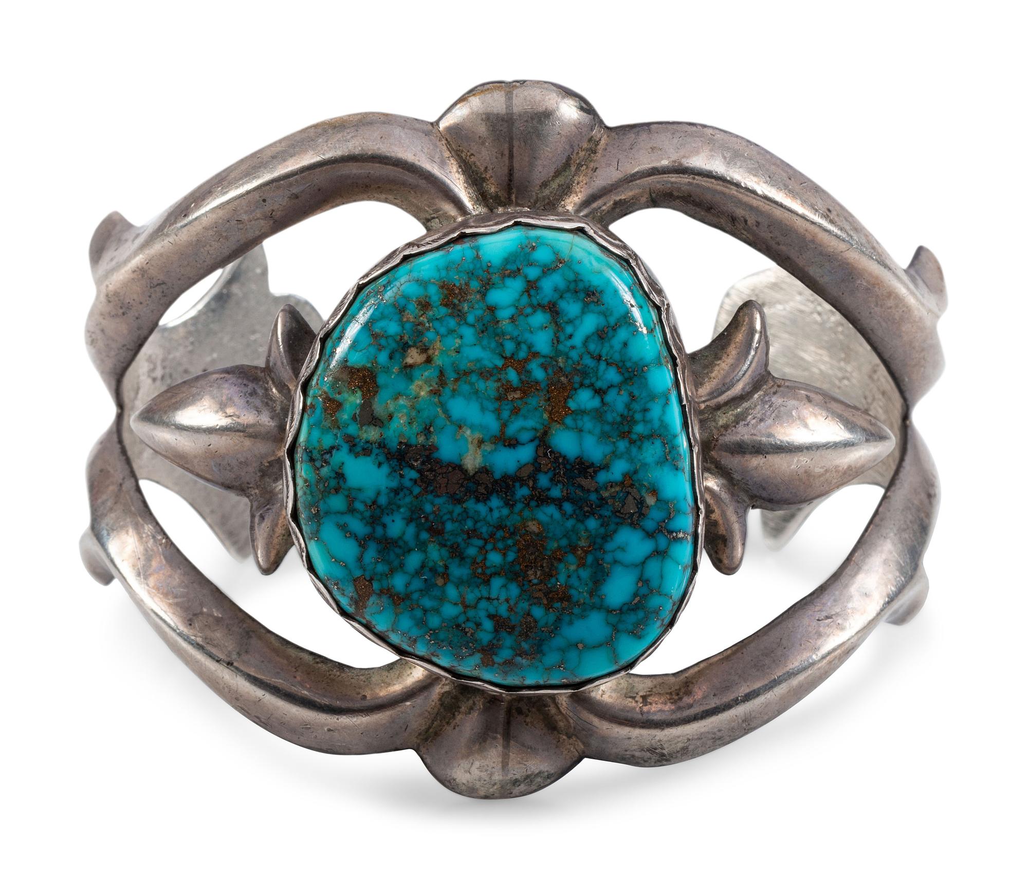Navajo Sandcast Silver and Morenci Turquoise Cuff Bracelet