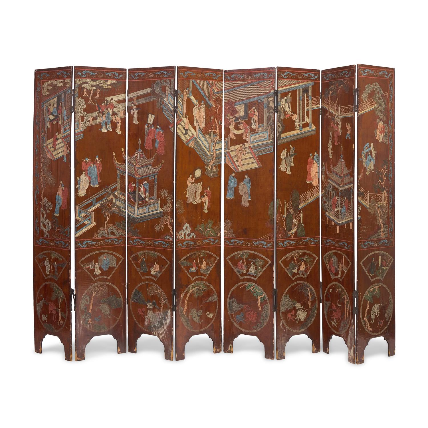 A Chinese Eight-Panel 'Figural' Coromandel Floor Screen, 18th Century 清中期 款彩人物图八扇屏
