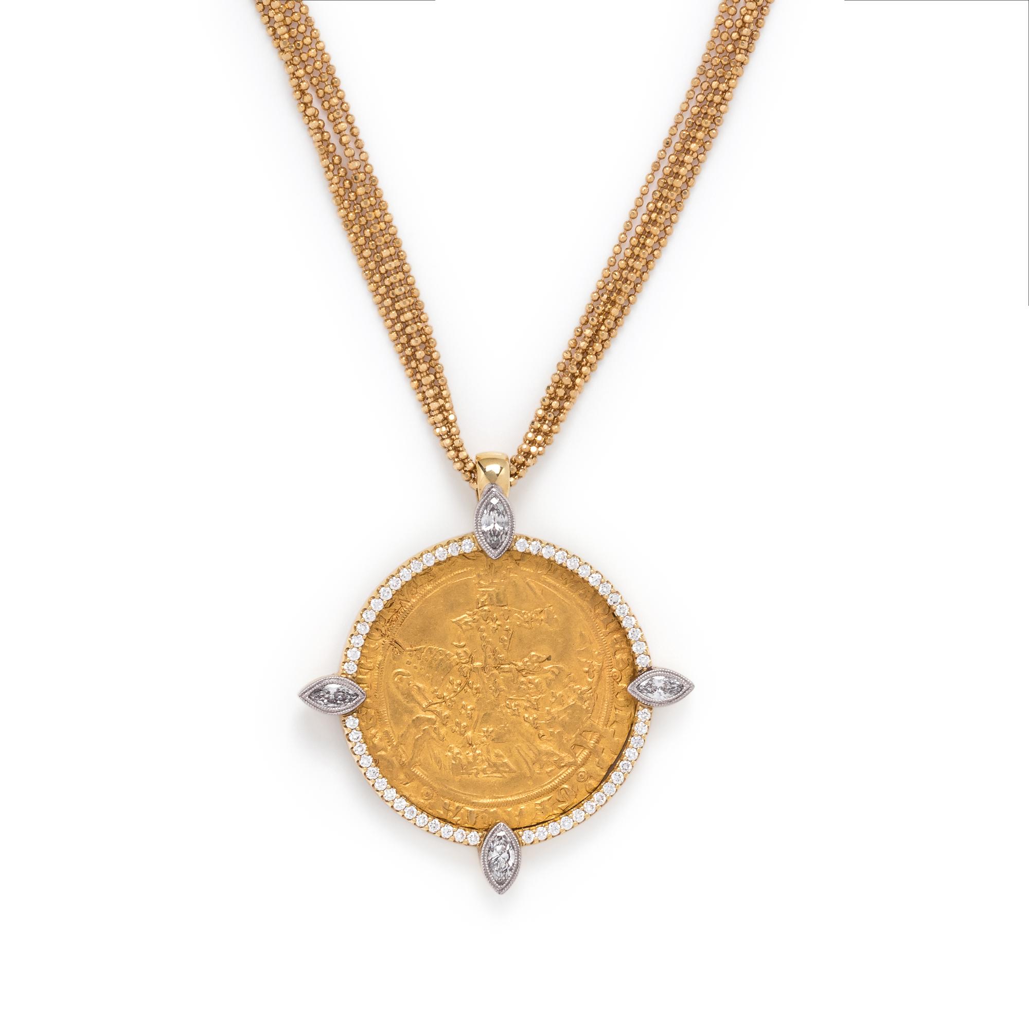 YELLOW GOLD, COIN AND DIAMOND PENDANT/NECKLACE