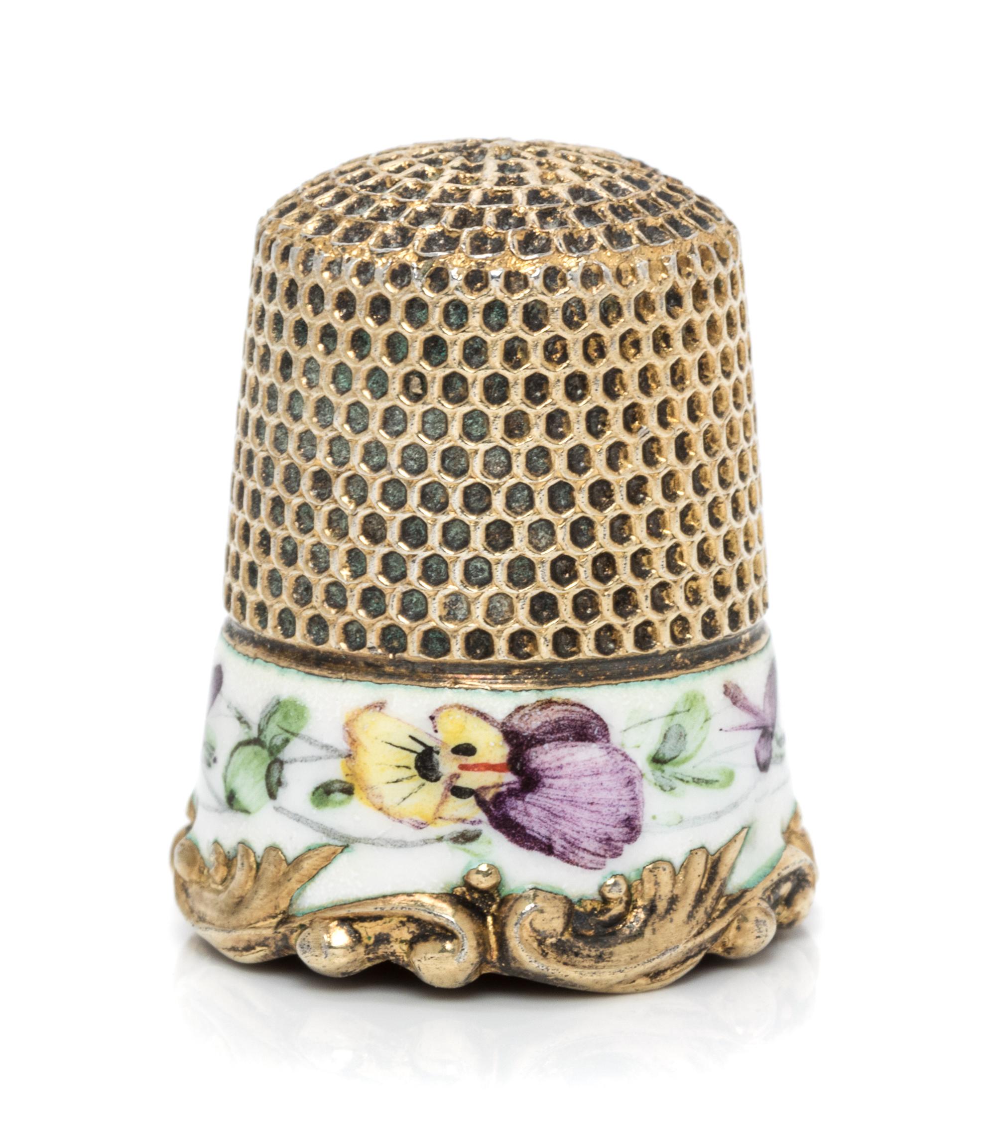 An American Silver-Gilt and Enamel Thimble, Ketcham & McDougall, New York, NY, Late 19th/Early 20th Century, the knurled top and body a