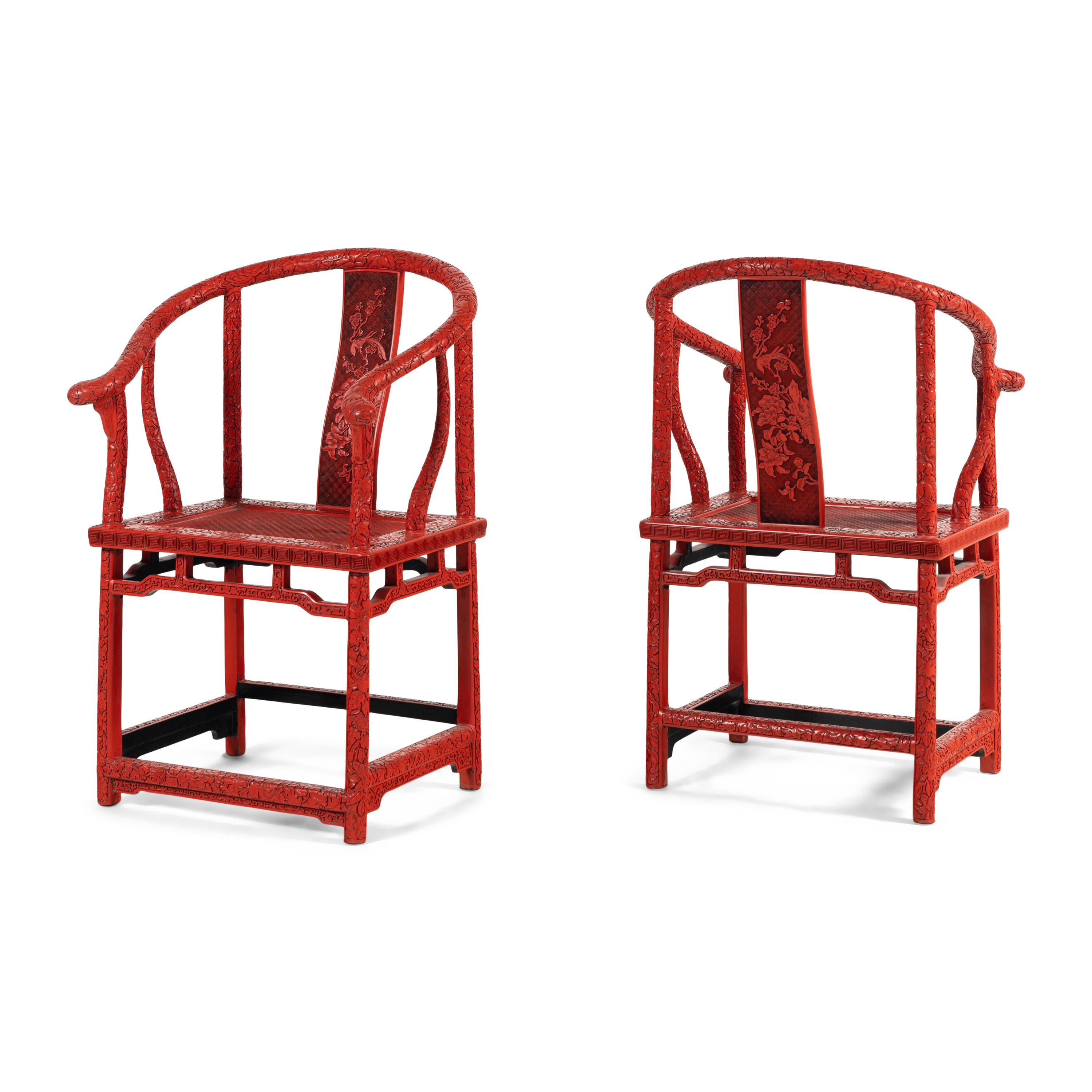 A Pair of Chinese Cinnabar Lacquer Horseshoe-Back Armchairs, Quanyi, 20th Century 近代 滿工剔紅花鳥圖圈椅一對