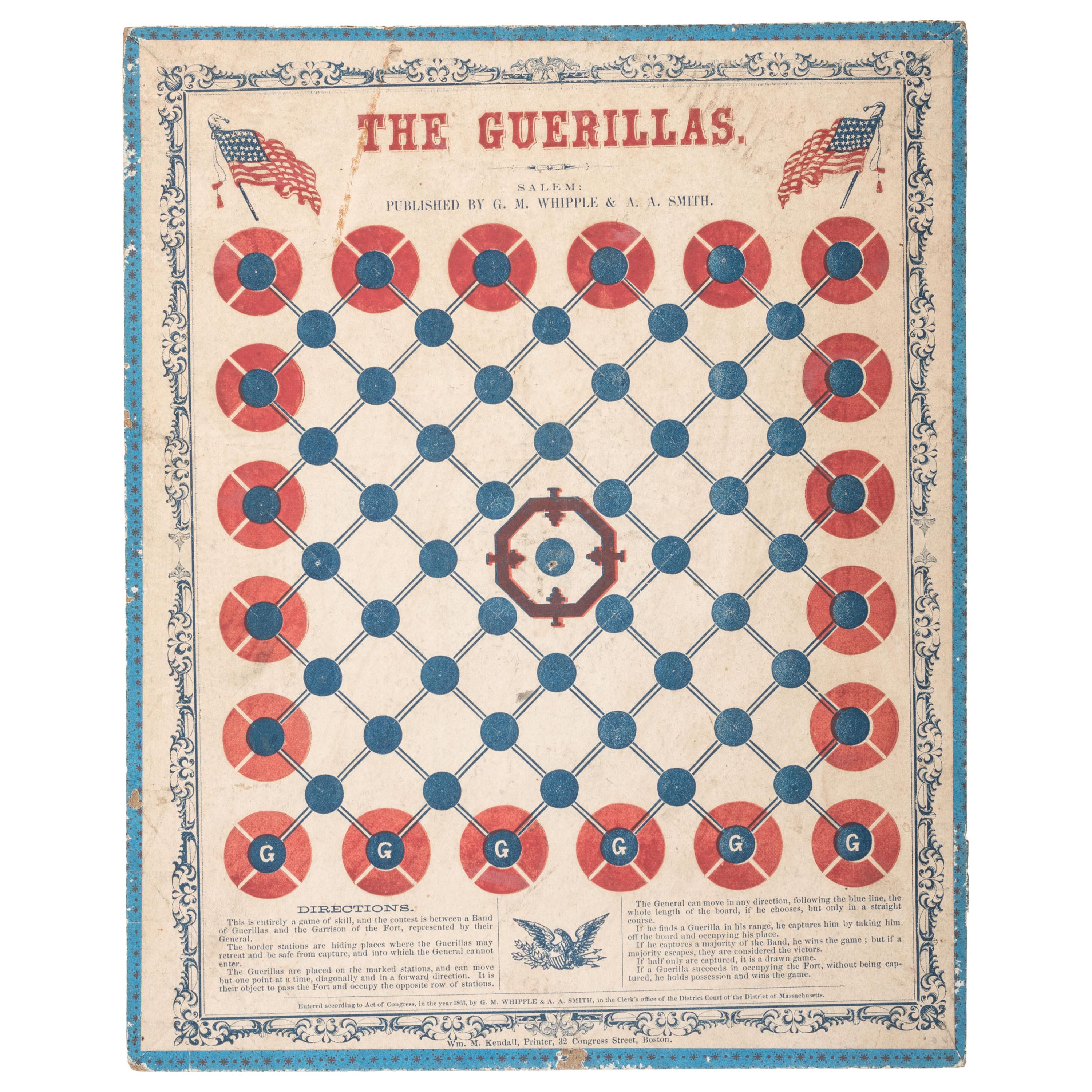 The Guerillas . Salem, MA: G.M. Whipple & A.A. Smith, 1863. Boston, MA: William M. Kendall, printer. A Civil War game of strategy.