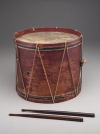 [CIVIL WAR]. E Pluribus Unum red-painted drum featuring eagle motif, with drumsticks.