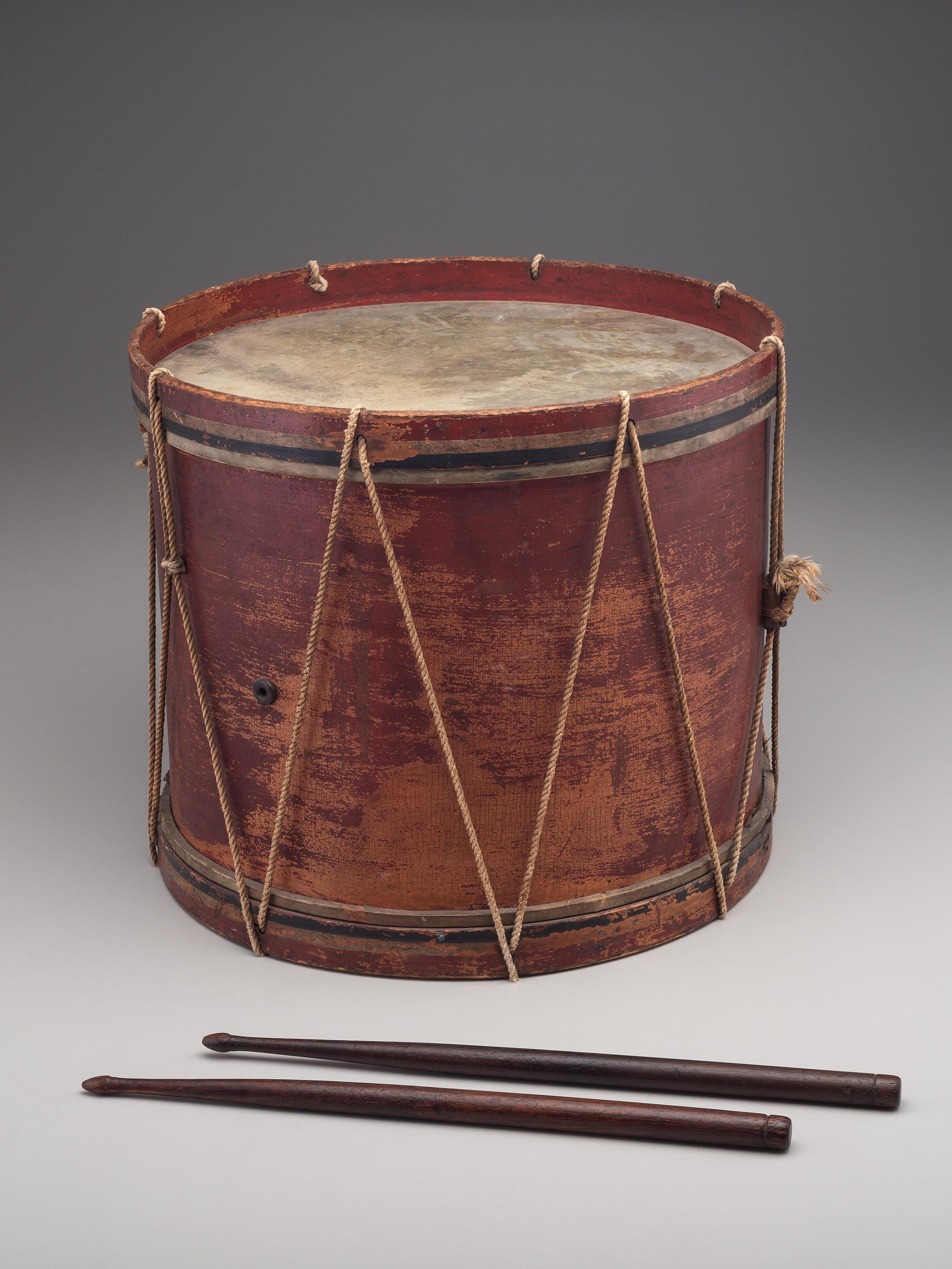 [CIVIL WAR]. E Pluribus Unum red-painted drum featuring eagle motif, with drumsticks.