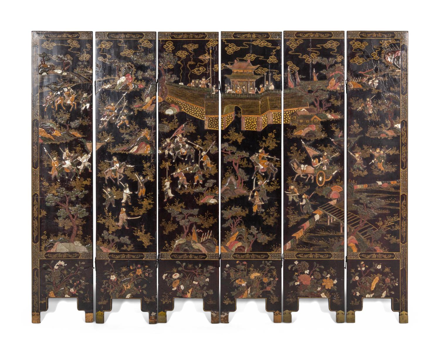 A Chinese Export Lacquer Six-Panel Floor Screen