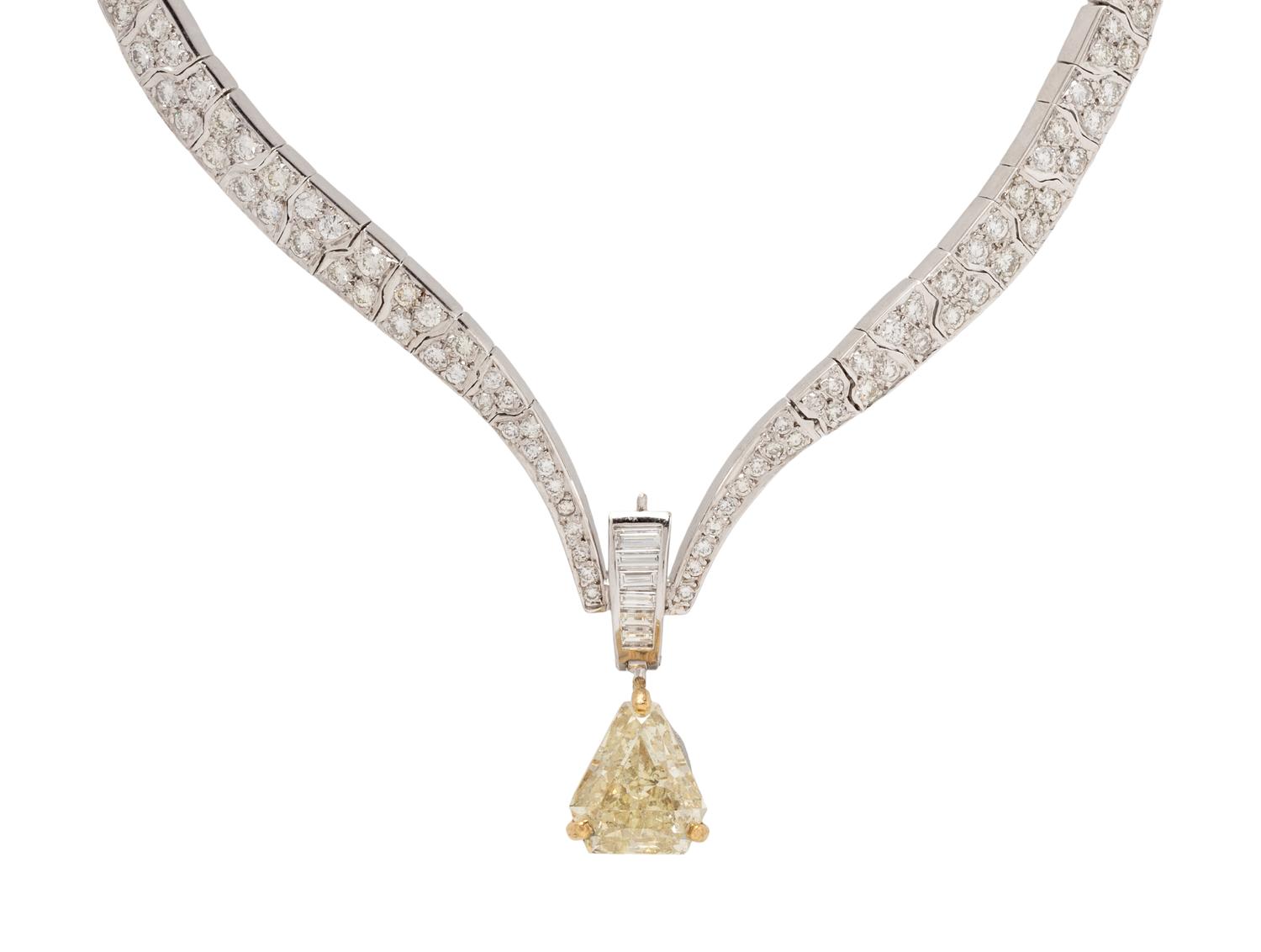 FANCY LIGHT BROWNISH GREENISH YELLOW DIAMOND AND DIAMOND NECKLACE