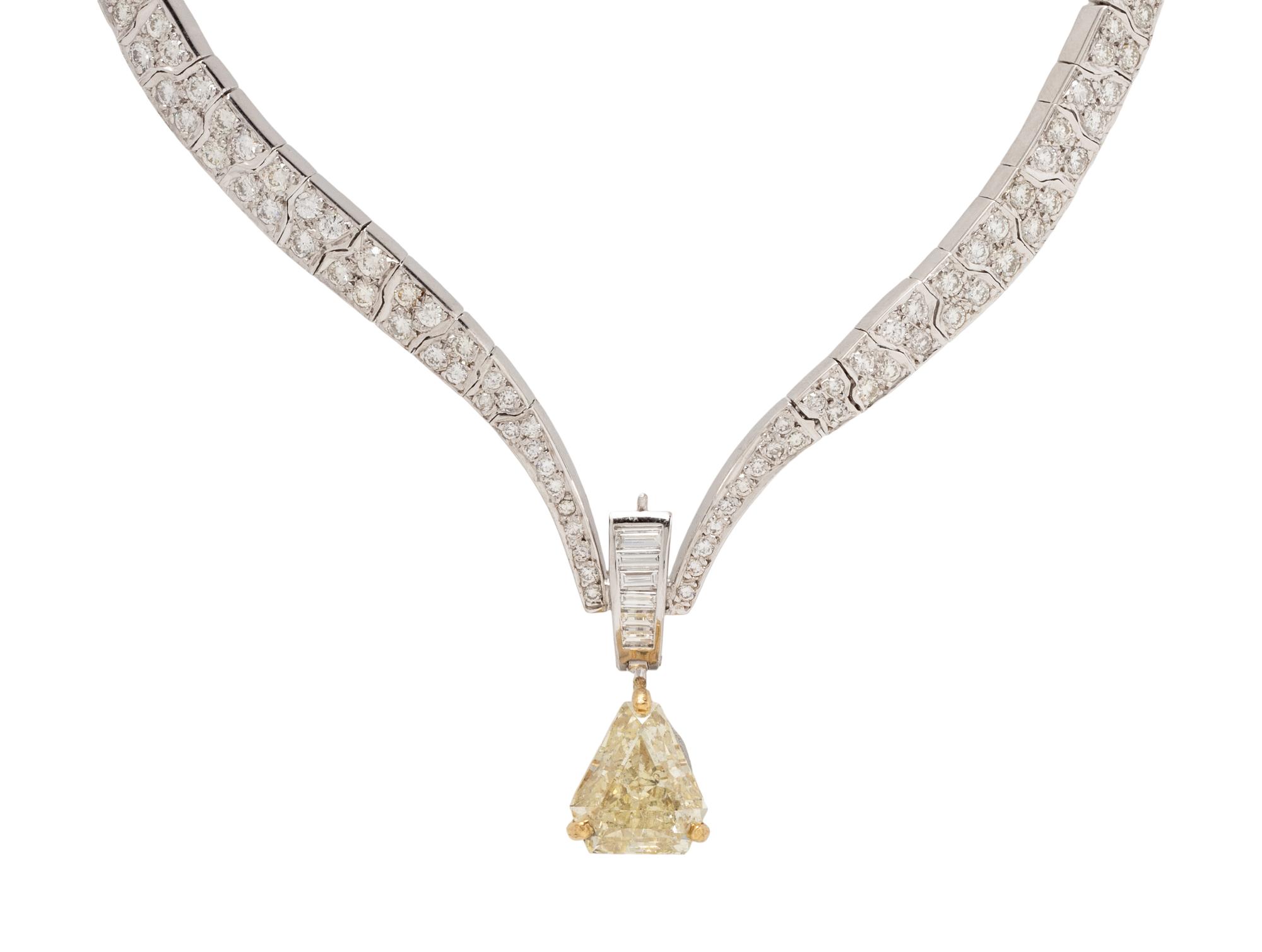 FANCY LIGHT BROWNISH GREENISH YELLOW DIAMOND AND DIAMOND NECKLACE