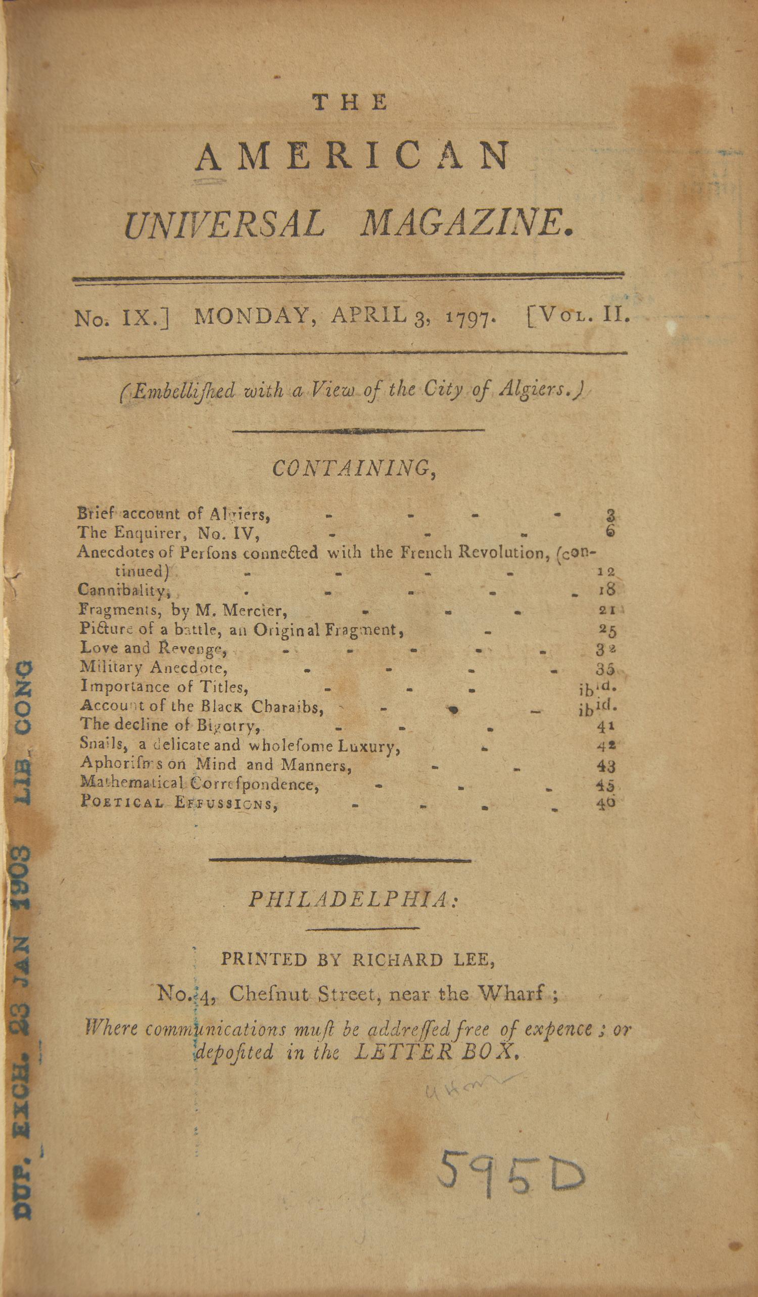 [Washington, George] A Lengthy Lifetime Attack on President Washington for Being a Slaveholder, 1797