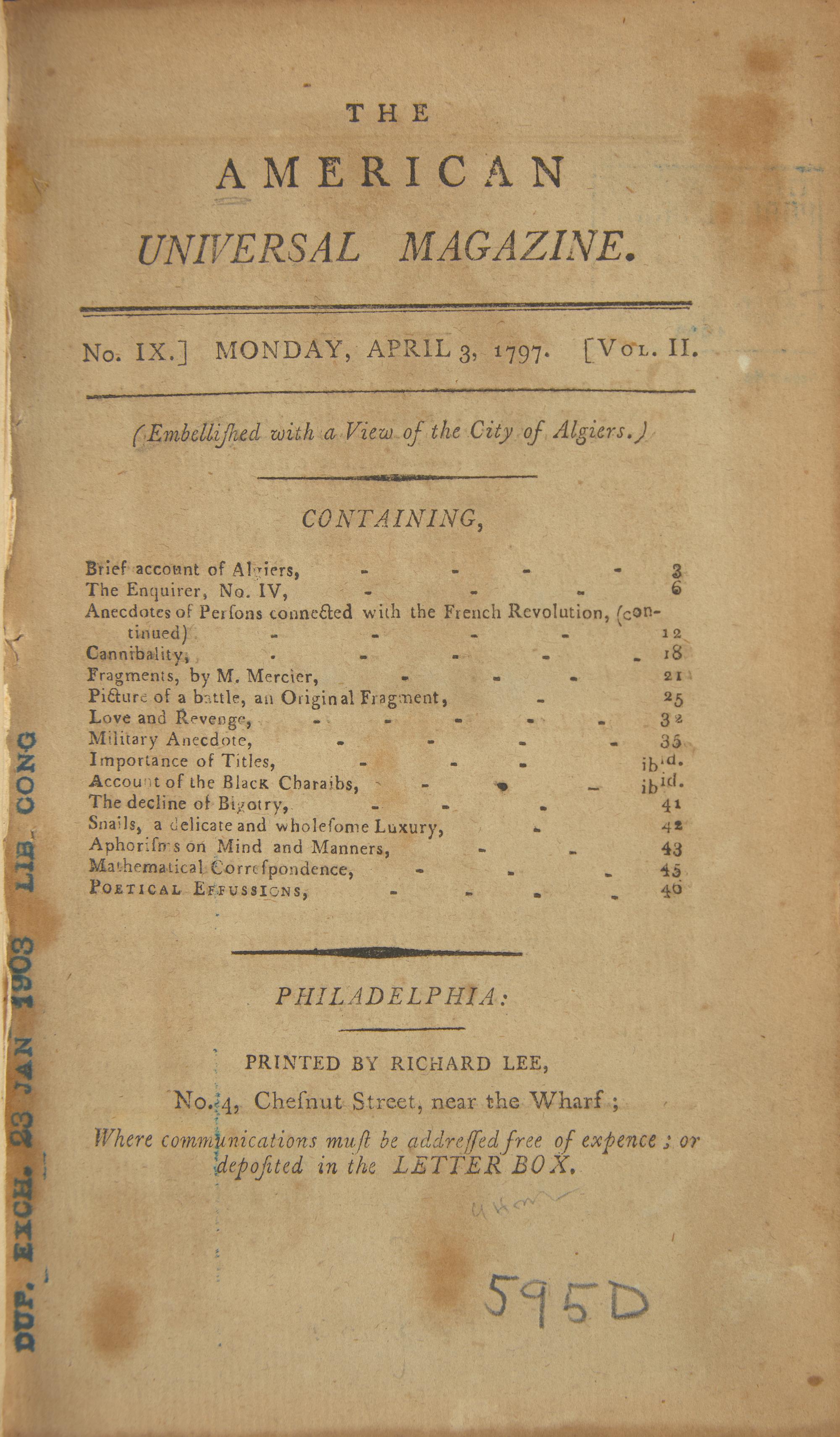 [Washington, George] A Lengthy Lifetime Attack on President Washington for Being a Slaveholder, 1797
