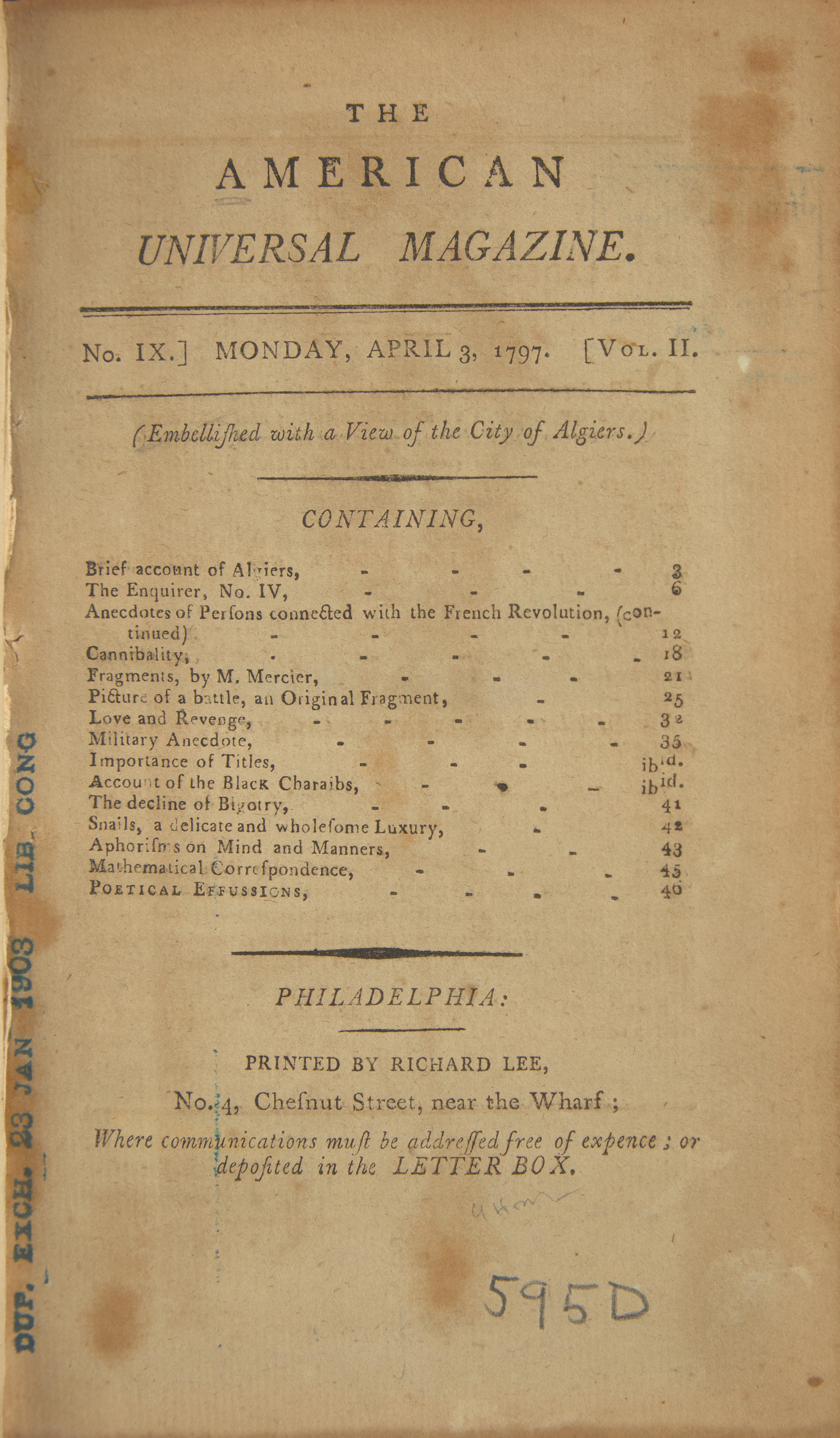 [Washington, George] A Lengthy Lifetime Attack on President Washington for Being a Slaveholder, 1797