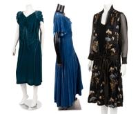 Four 1920-30s Dresses: Three Velvet, One Printed
