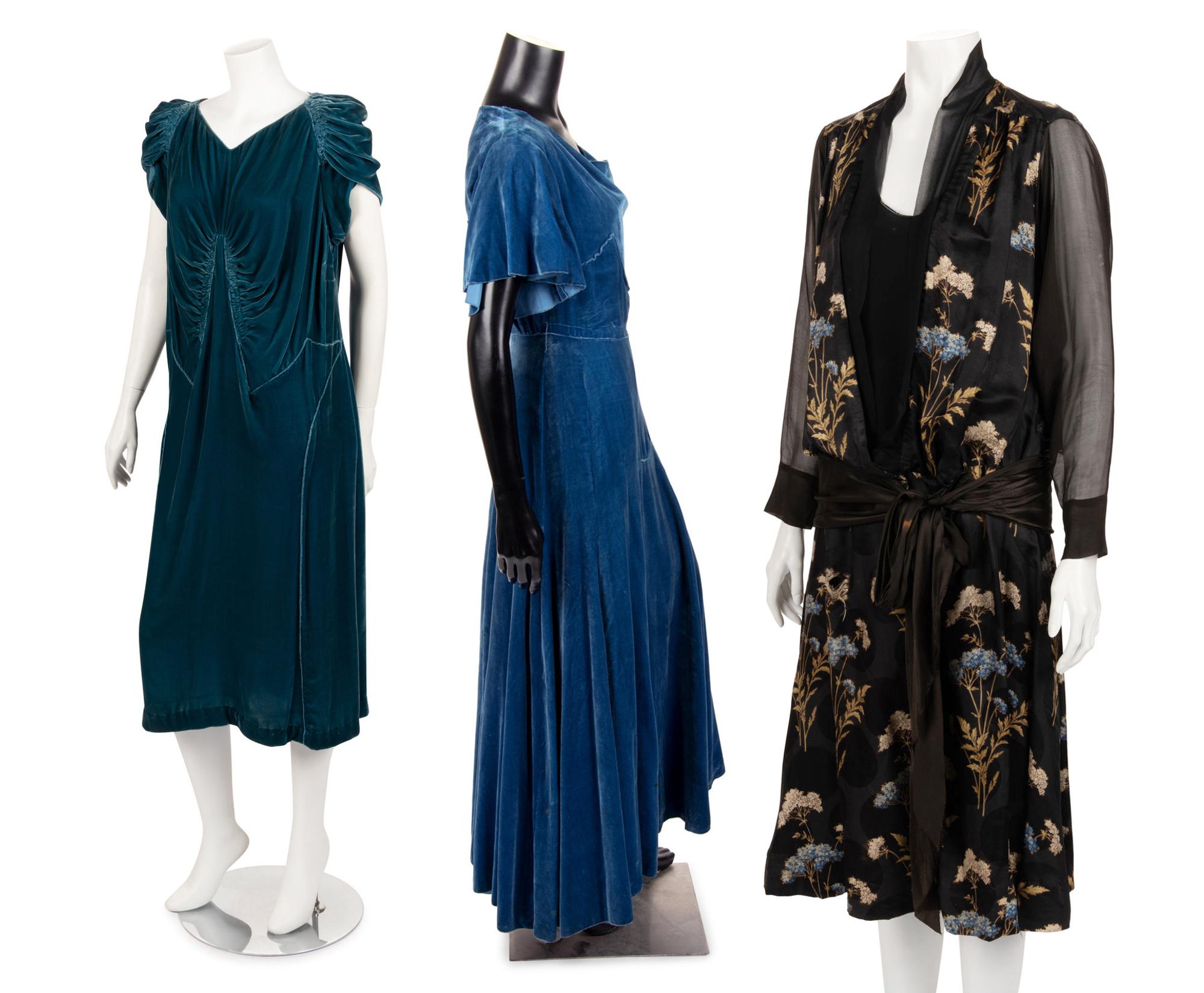 Four 1920-30s Dresses: Three Velvet, One Printed