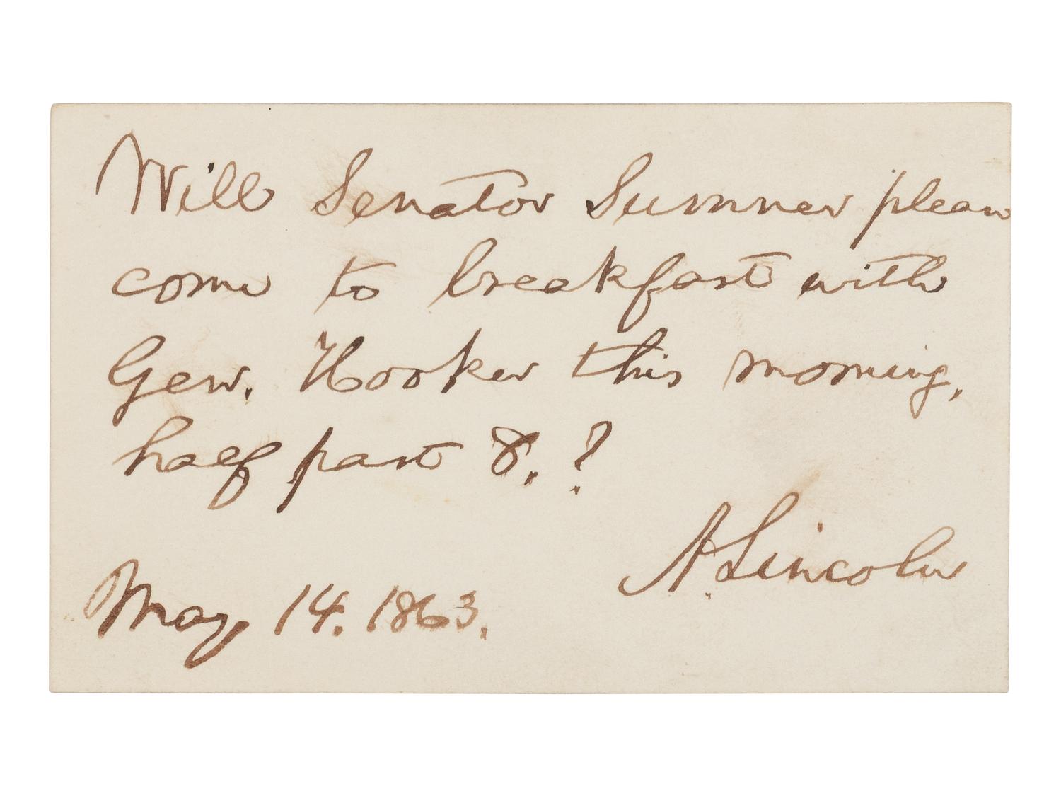 LINCOLN, Abraham (1809-1865). Autograph note signed ("A. Lincoln") to Senator Charles Sumner. Washington, D.C., 14 May 1863.