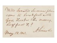 LINCOLN, Abraham (1809-1865). Autograph note signed ("A. Lincoln") to Senator Charles Sumner. Washington, D.C., 14 May 1863.