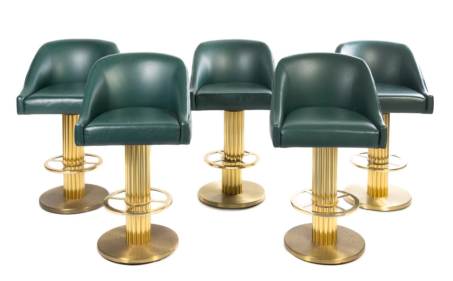 A Set of Five Custom Leather Upholstered Bar Stools Height 36 1/2 inches.
