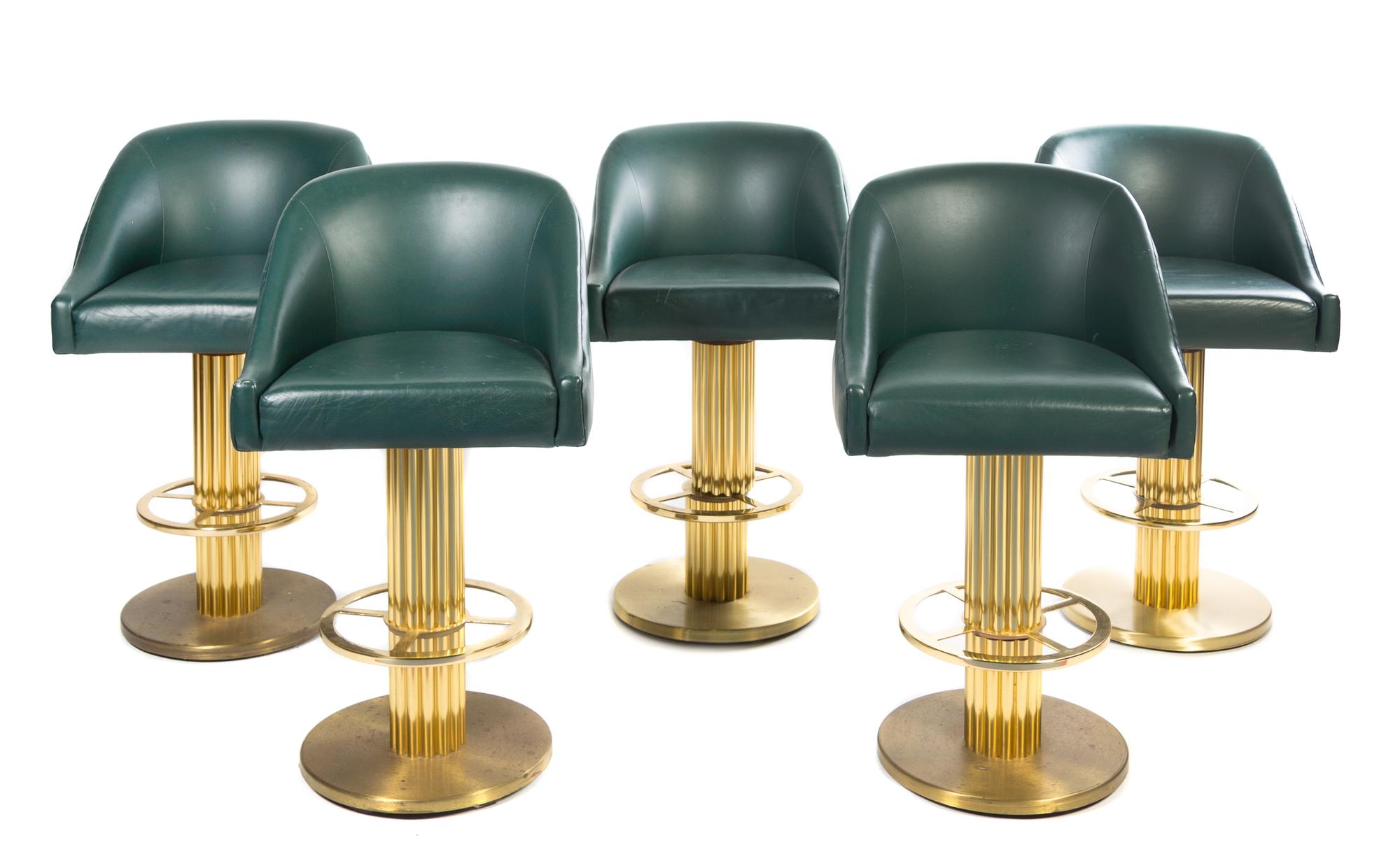 A Set of Five Custom Leather Upholstered Bar Stools Height 36 1/2 inches.