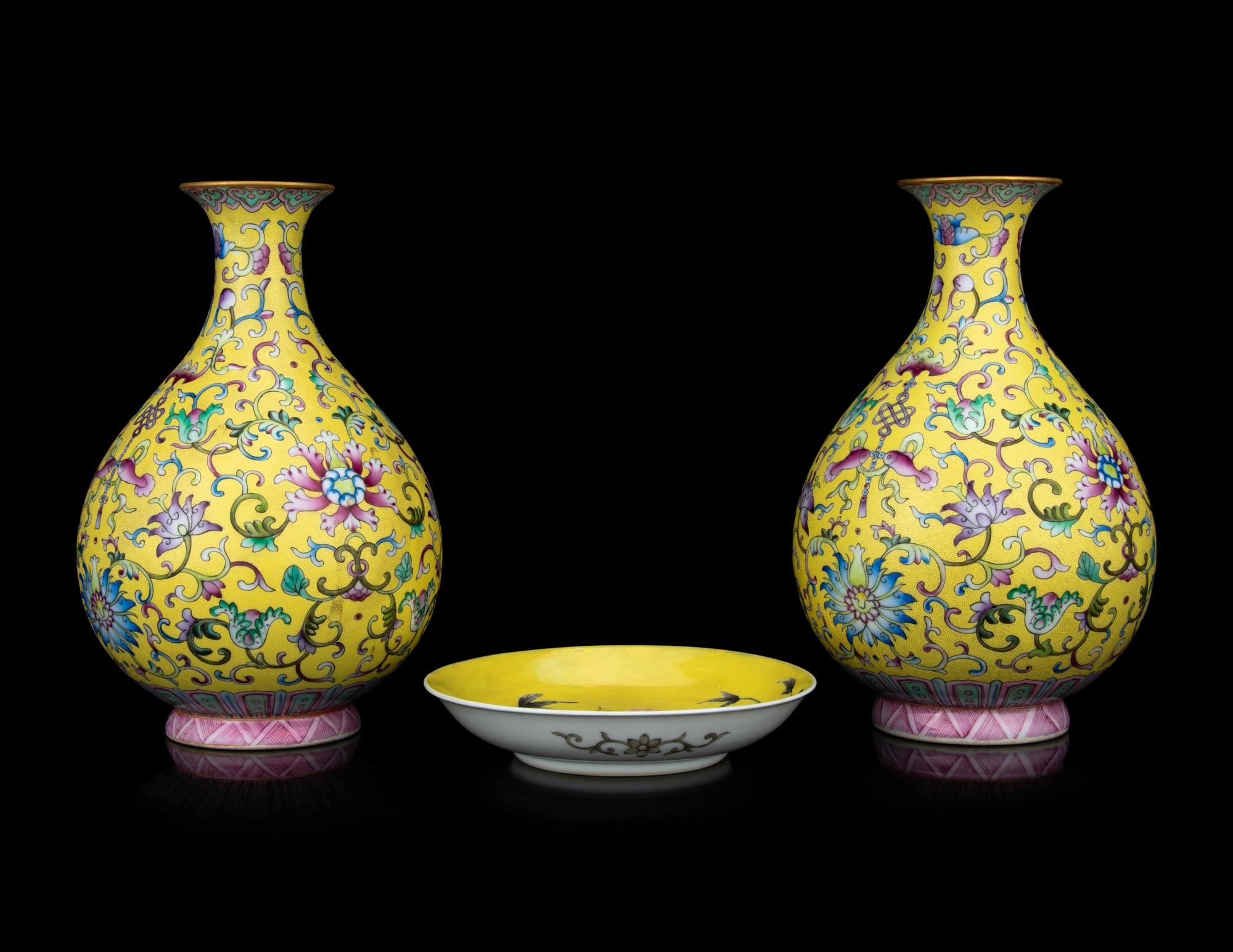 Three Chinese Famille June Porcleain Articles